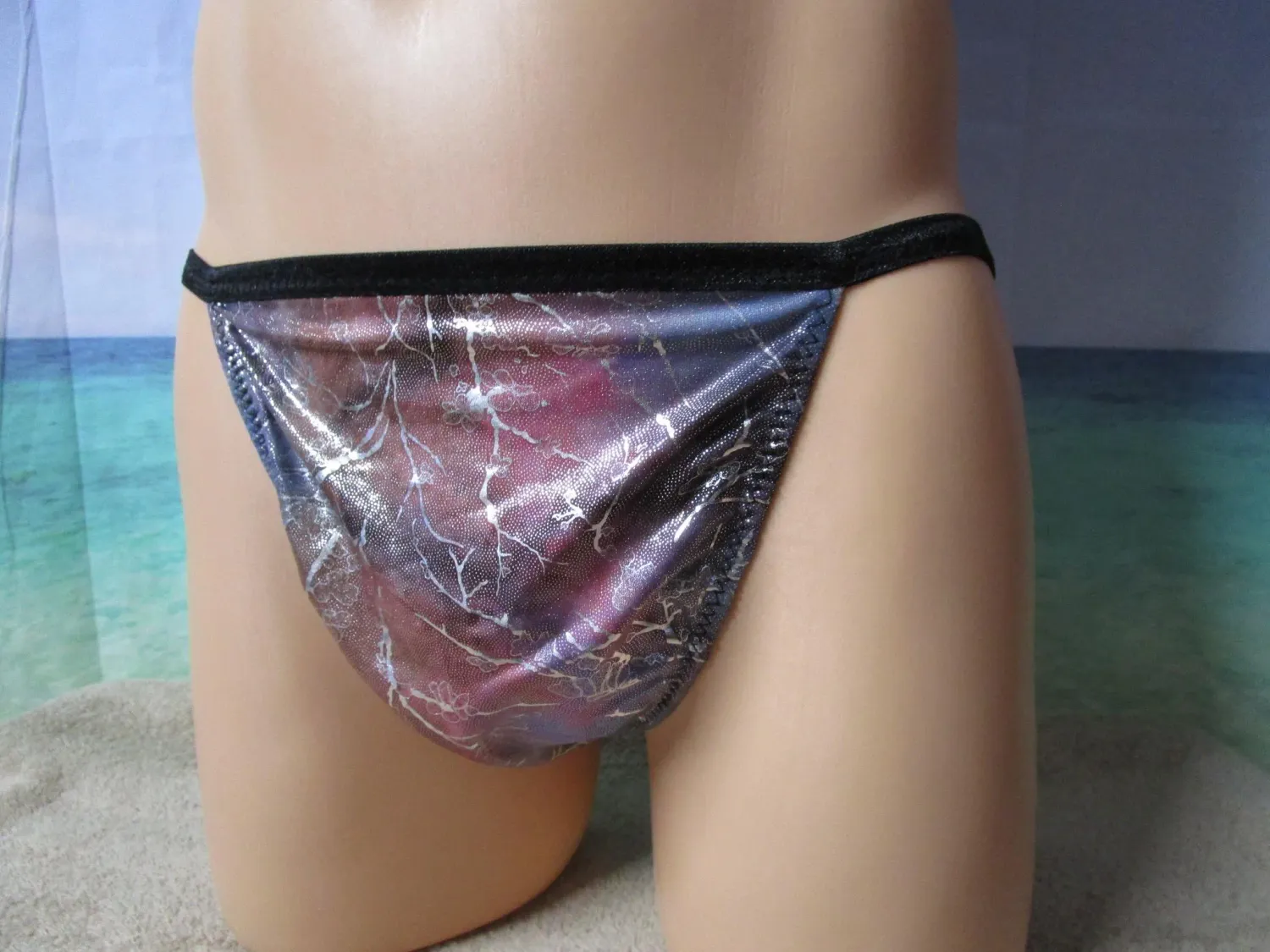Cracked Ice Metallic Dot Spandex, Classic Rear String Bikini, Black Trim,Fits Hips 28-31&quot;