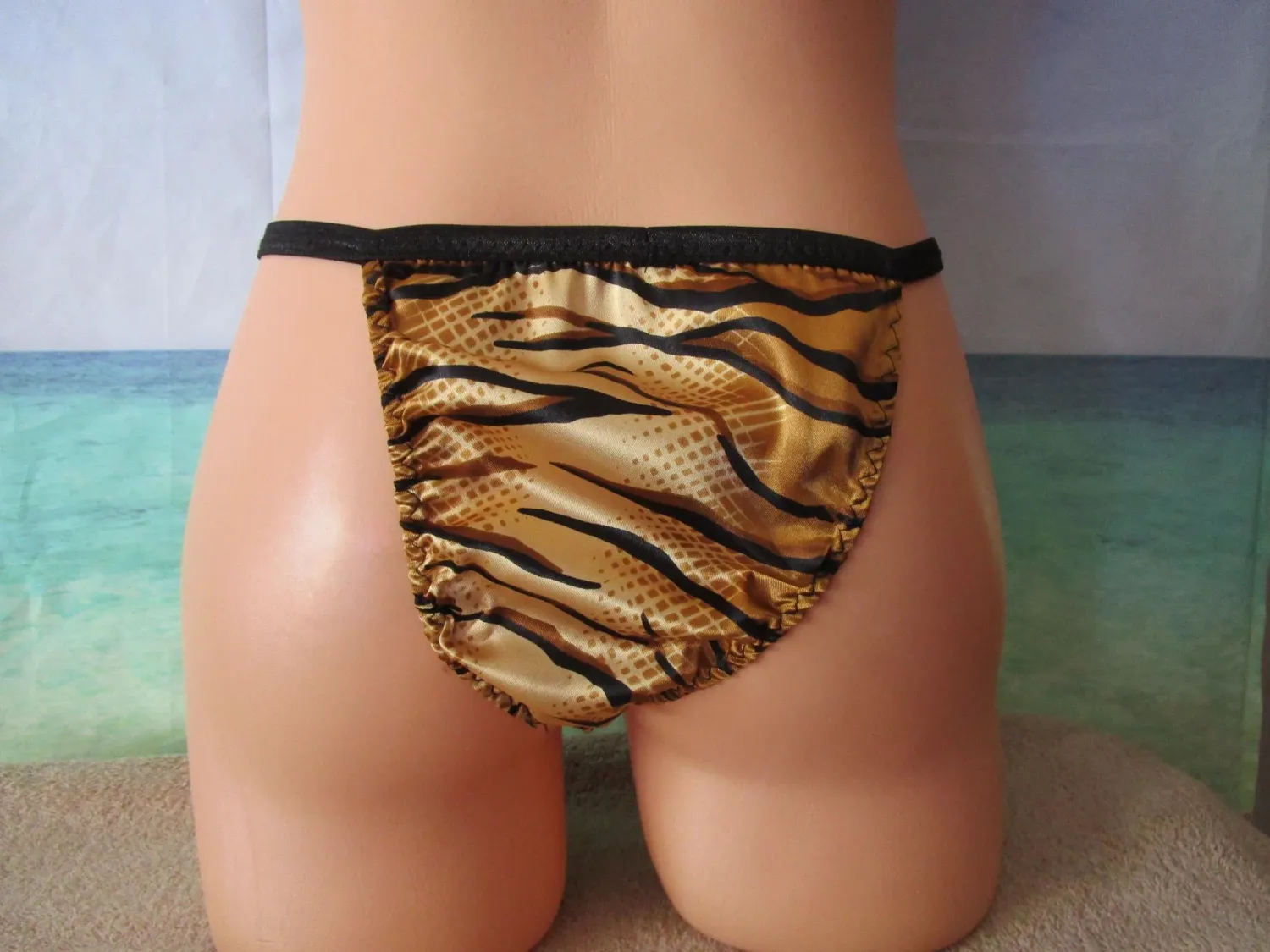 Gold Tiger Satin, Medium Front, Tanga Rear String Bikini, Fits Hips 28-31&quot;