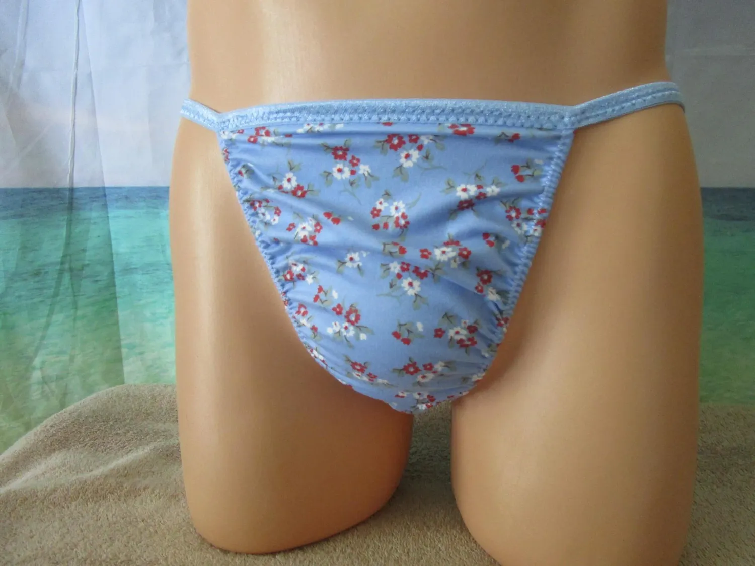 Brushed Knit Prints String Bikini, Tanga Rear, Blue Floral, Size M