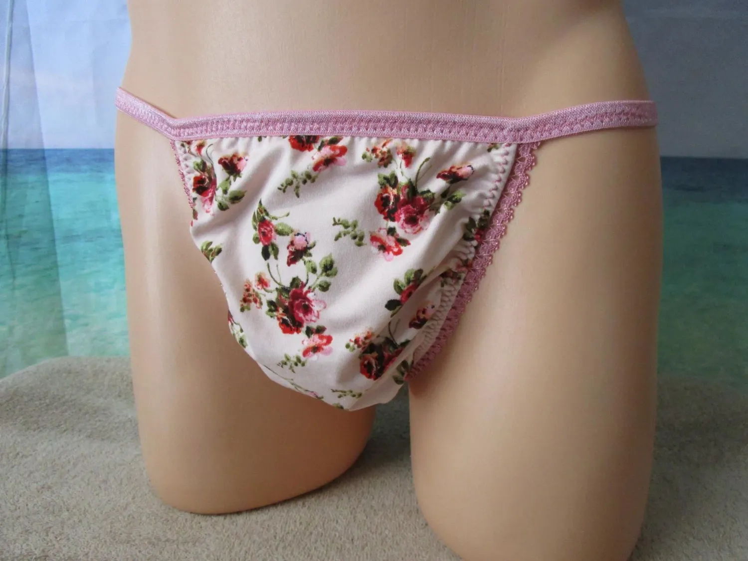 Pink Floral Brushed Knit Tanga String Bikini Medium Man Front, Size M