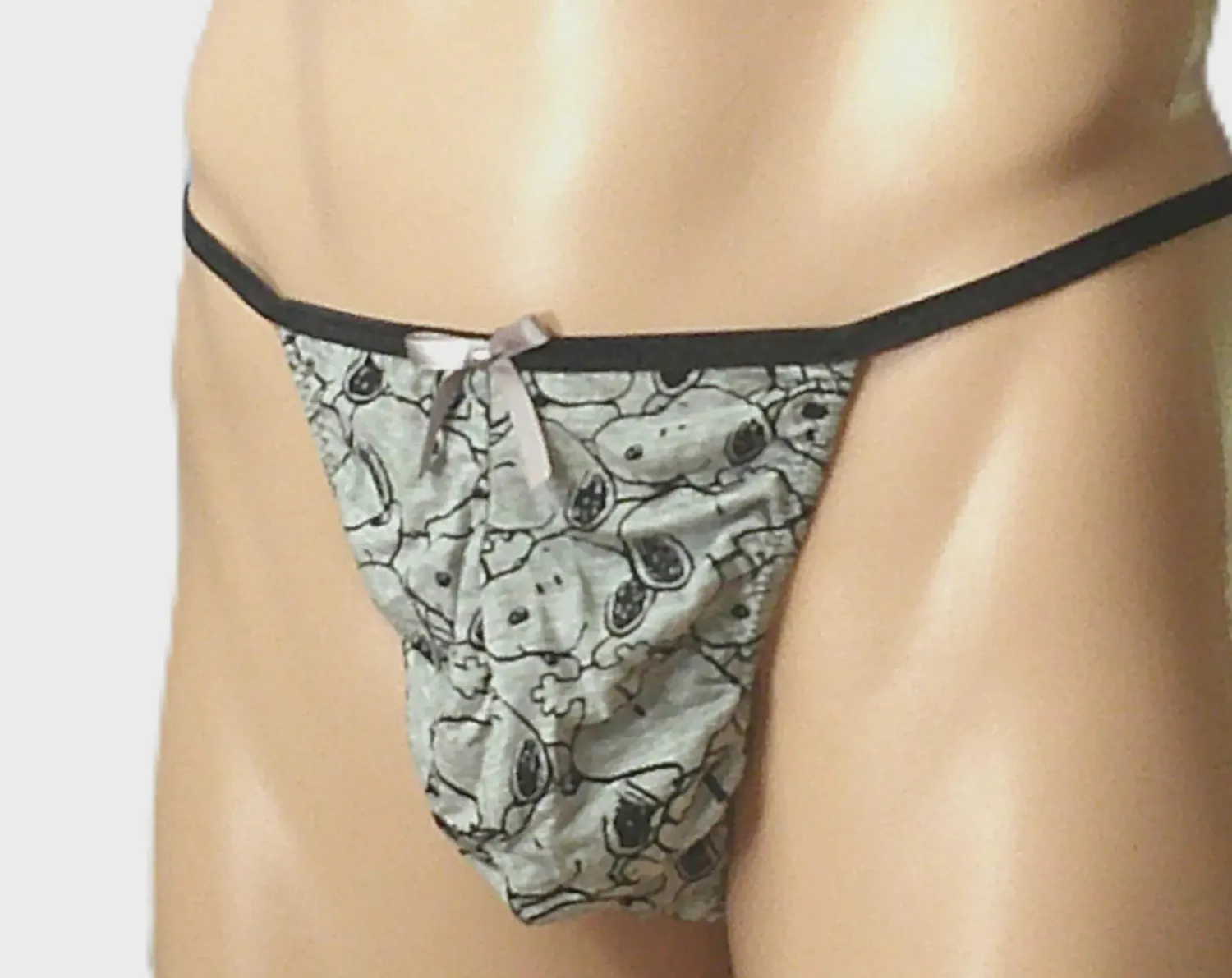 Snoopy Cotton Print String Thong, Large Contoured Man Front, Fits Hips Size S 32-35&quot;