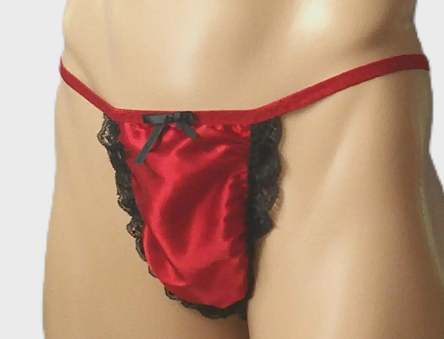 Wine Satin Thong, Black Lace Trim, Medium Man Front, Fits Hips Size S 32-35&quot;