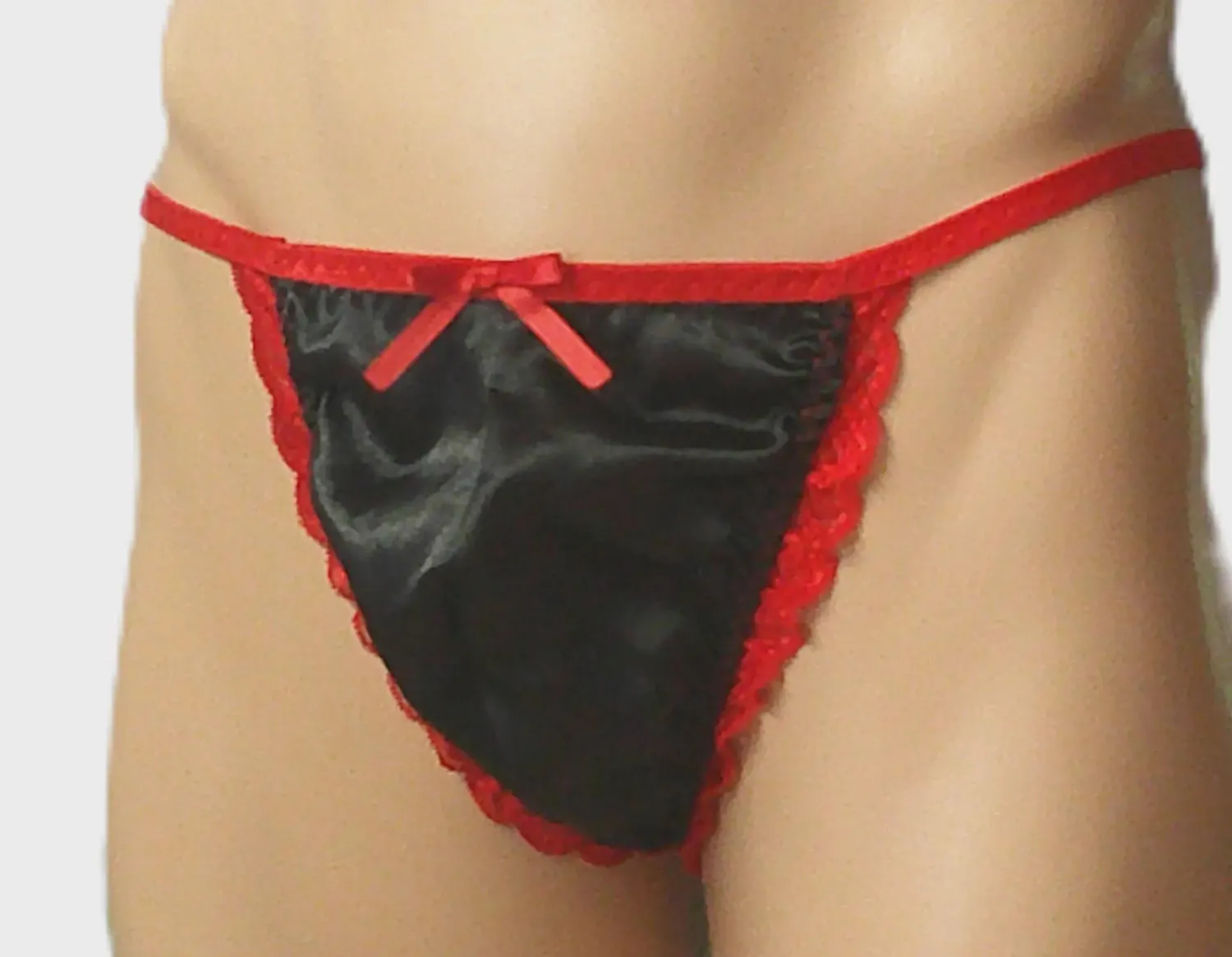 Black Satin Man Thong, Large Contoured Front, Fits Hips Size S 32-35&quot;
