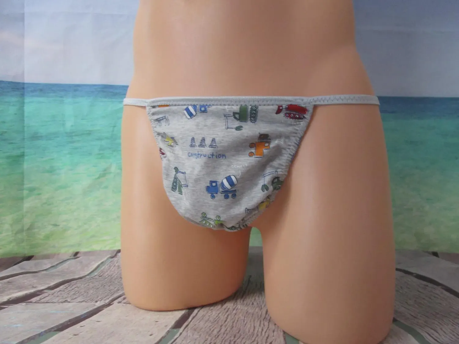 Gray Construction Trucks Cotton Knit G-String for Men, Medium Flat Front - Size M 36-39&quot;