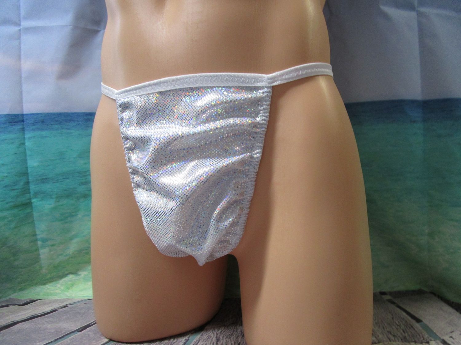 White/Silver Metallic Dot Nylon Spandex G-String, Large Man Front - Size M 36-39&quot;