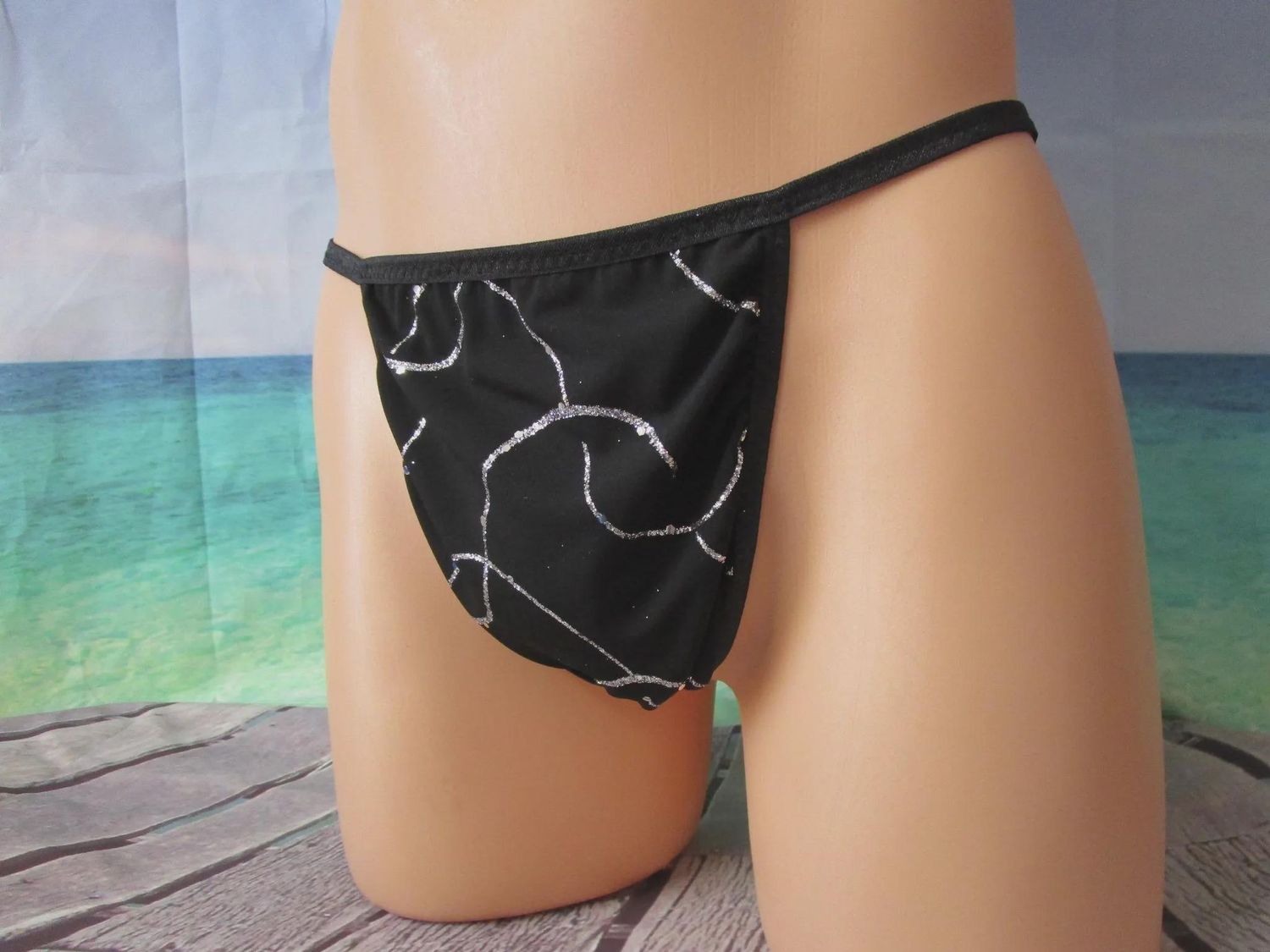 Black Glitter Swirls on Nylon Spandex G-String, Large Man Front - Size S 32-35&quot;