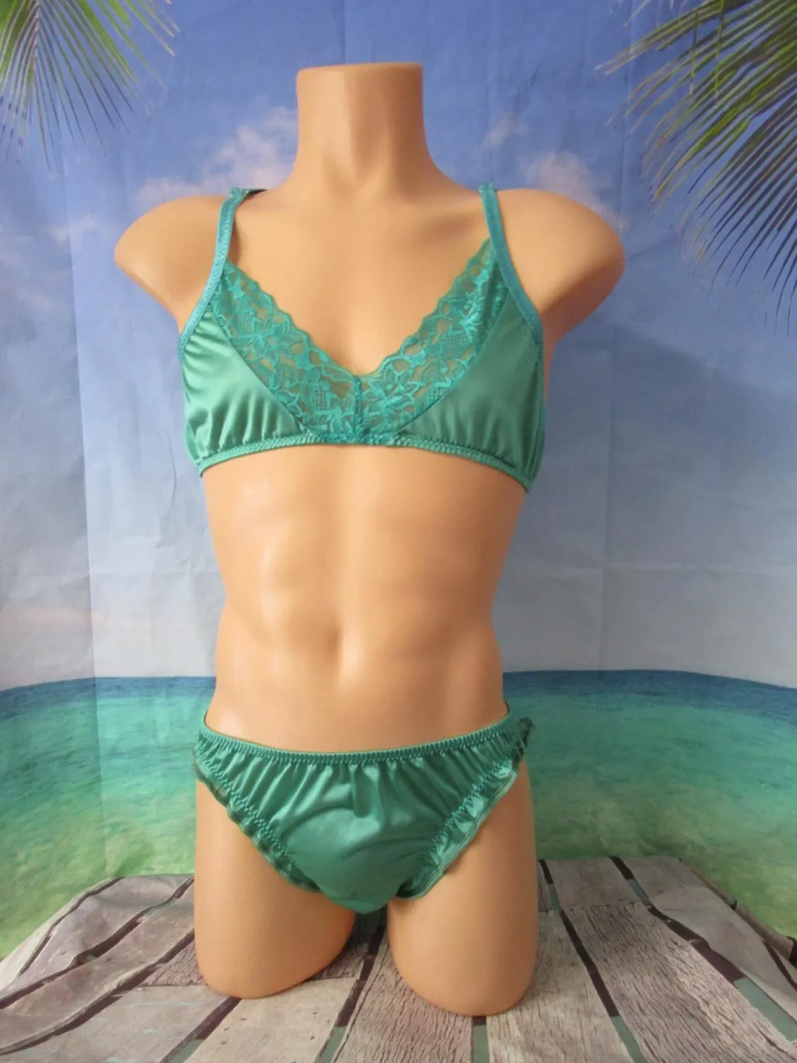 2 pc - Nylon Tricot No Cup Lace Bra &amp; Ruffled Leg Man Bikini Panty, Adjustable Straps, Hook-Eye Closure