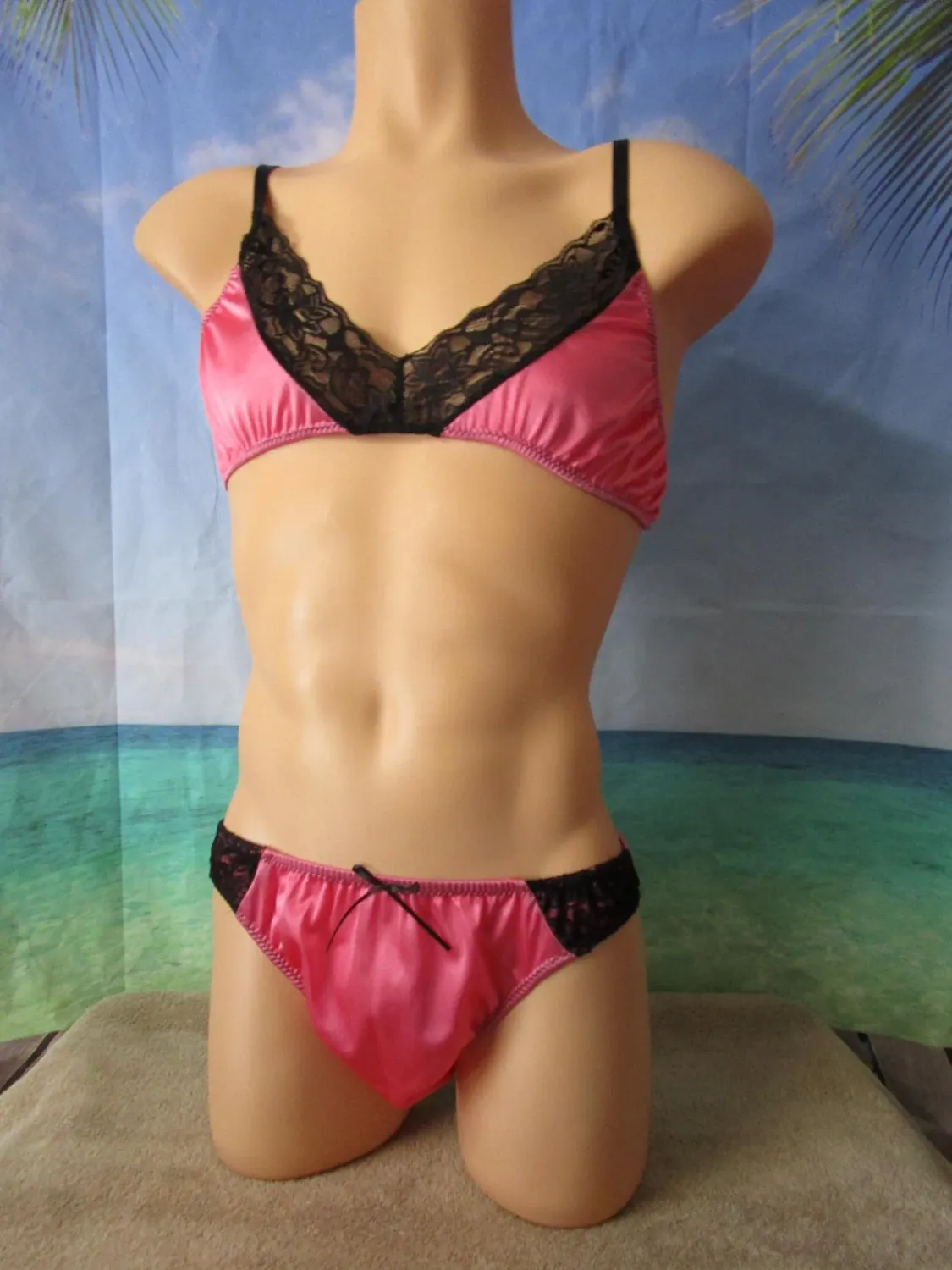 2 pc - Nylon Tricot Small Cup/Lace Bra &amp; Lace Sides Bikini Panty, Adjustable Straps, Hook-Eye Closure