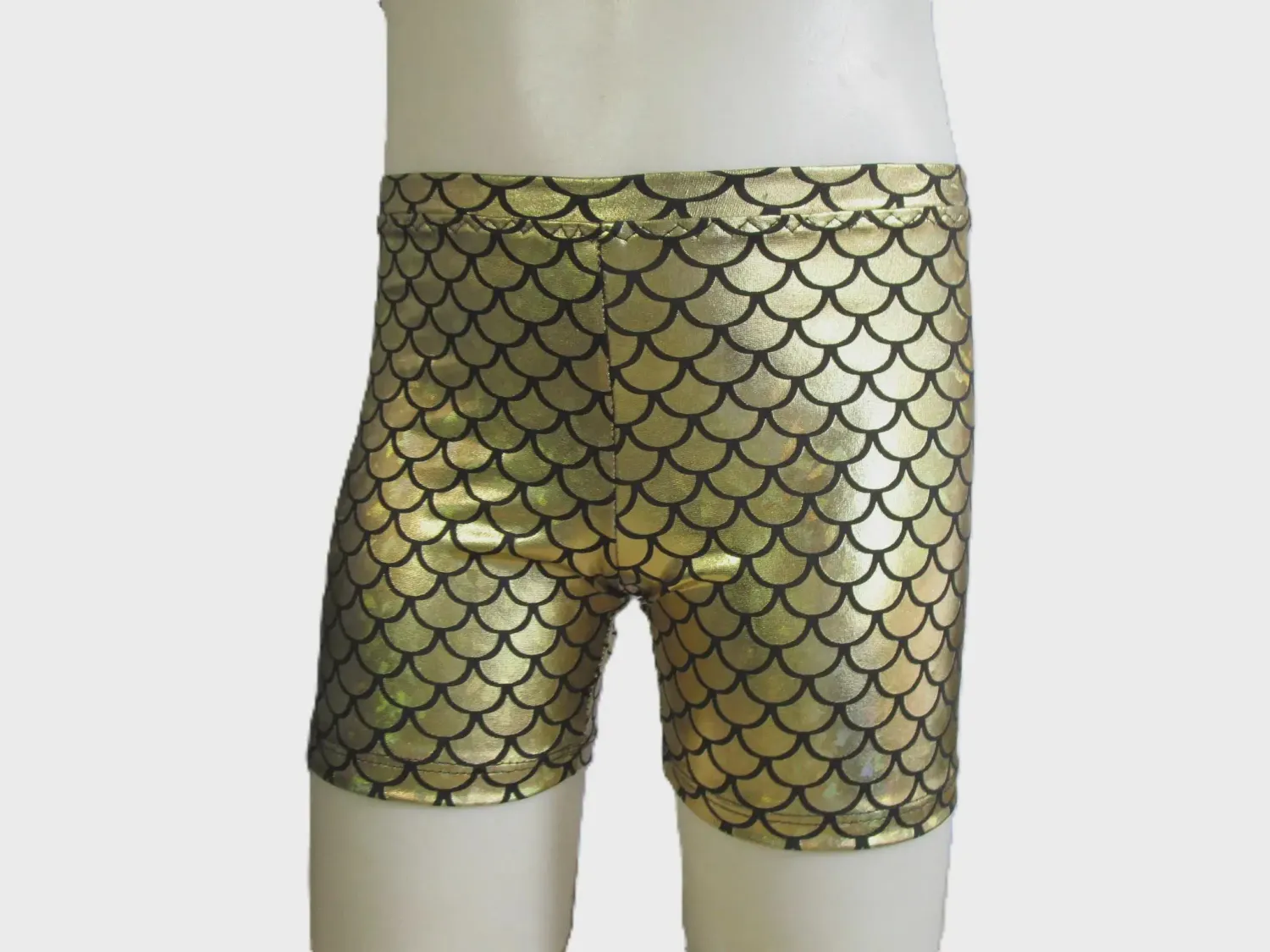 Gold Mermaid Metallic Spandex Prints Gymnastics, Dance Shorts, Fits Girls - Size M