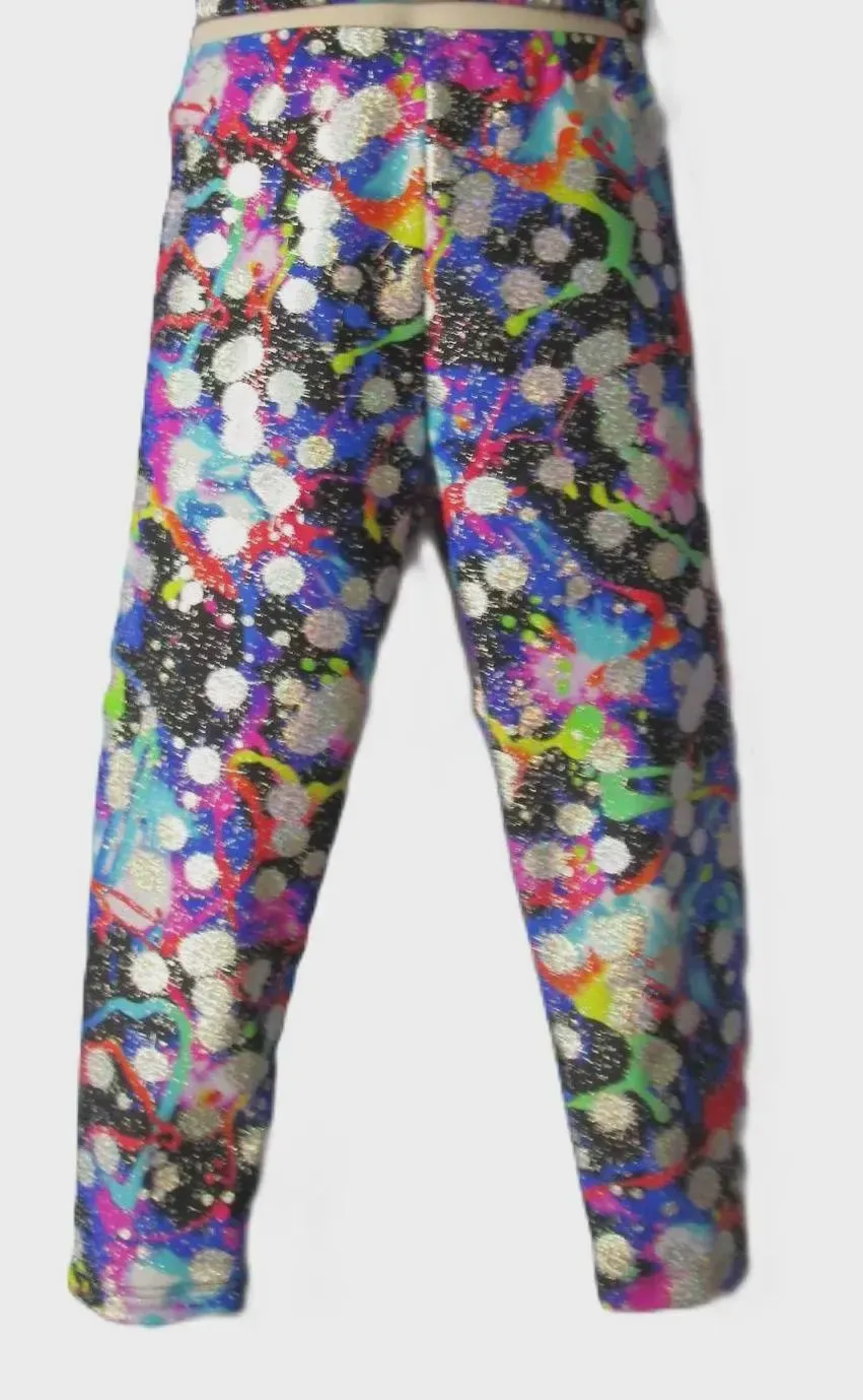 Rainbow Splatters Metallic Spandex Prints, Dance Leggings, Gymnastics, Fits Girls - Size M