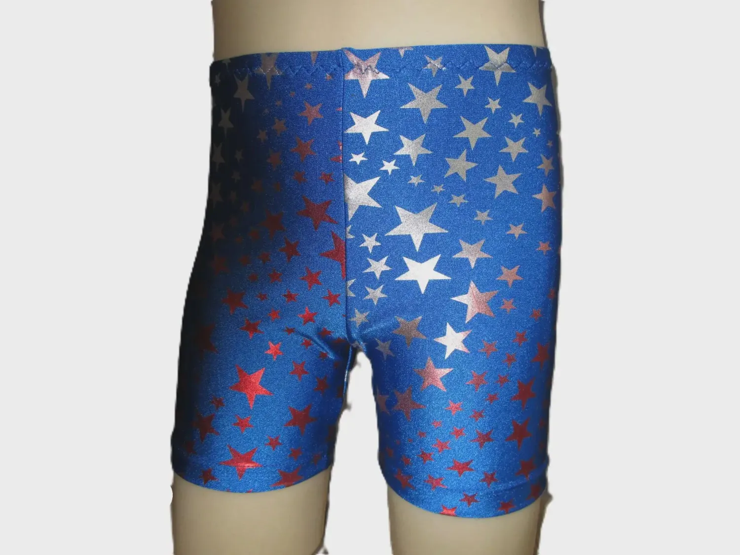 Stars on Blue Metallic Spandex Prints Gymnastics, Dance Shorts, Fits Girls - Size M