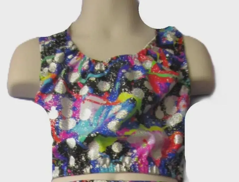 Size Large Child, Racer Top, Rainbow Splatters Metallic Spandex Prints.
