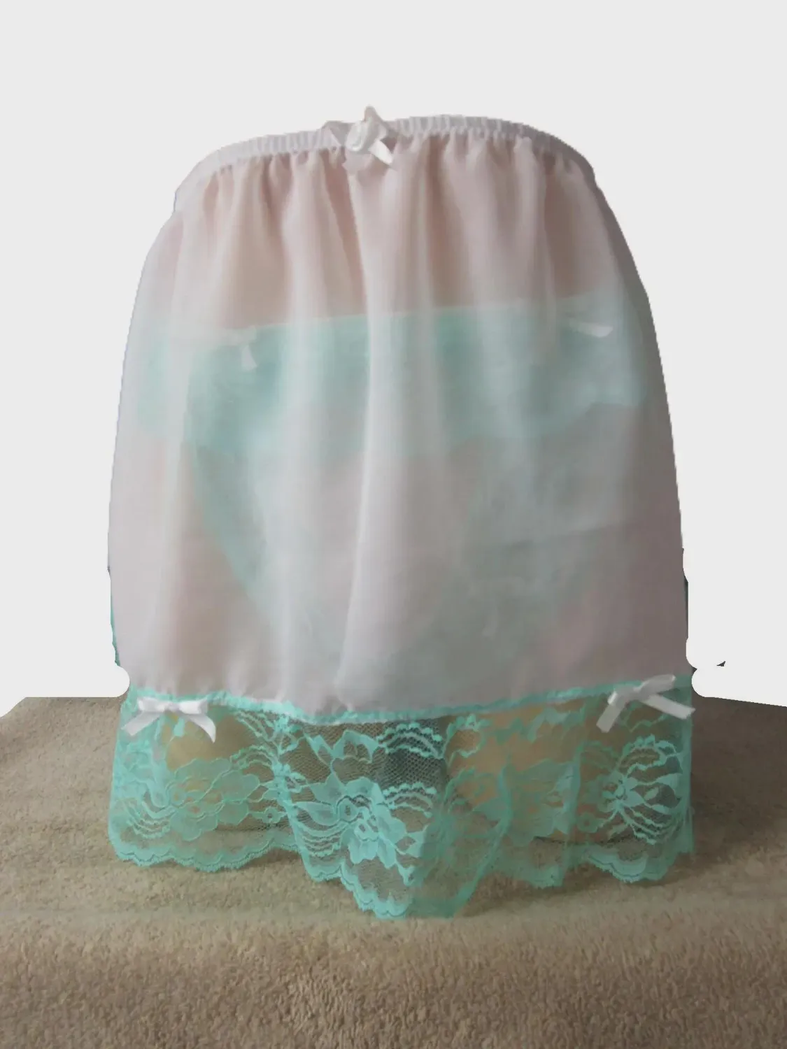 Chiffon Slip, White 15&quot; Semi Sheer,  Aqua Lace Trim, Size M