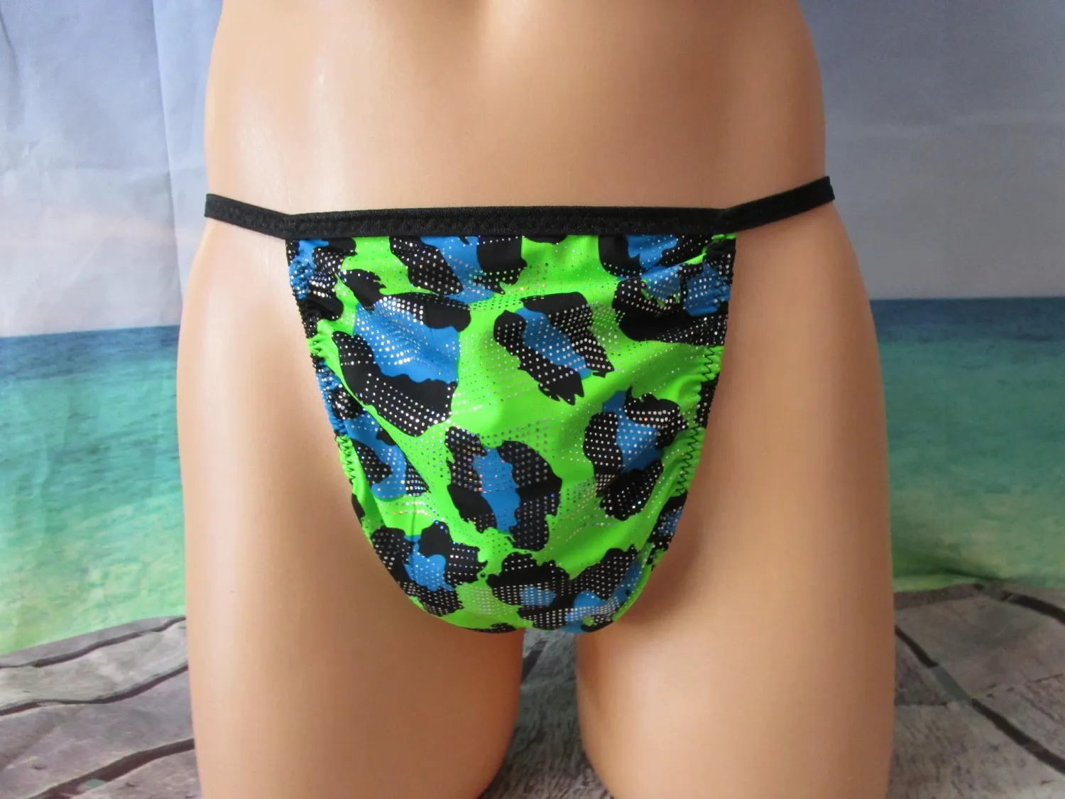 Green Leopard Metallic Nylon Spandex G-String, Medium Man Front Fits Hip Size S 32-35&quot;
