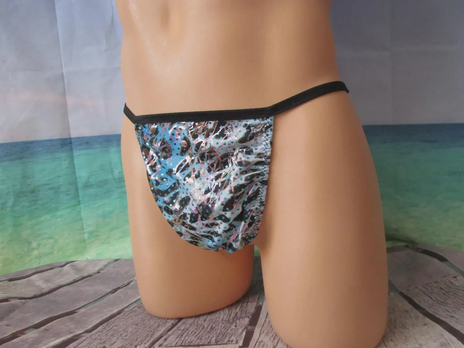Blue Leopard Metallic Nylon Spandex G-String, Medium Man Front - Fits Size 32-35&quot; Hips