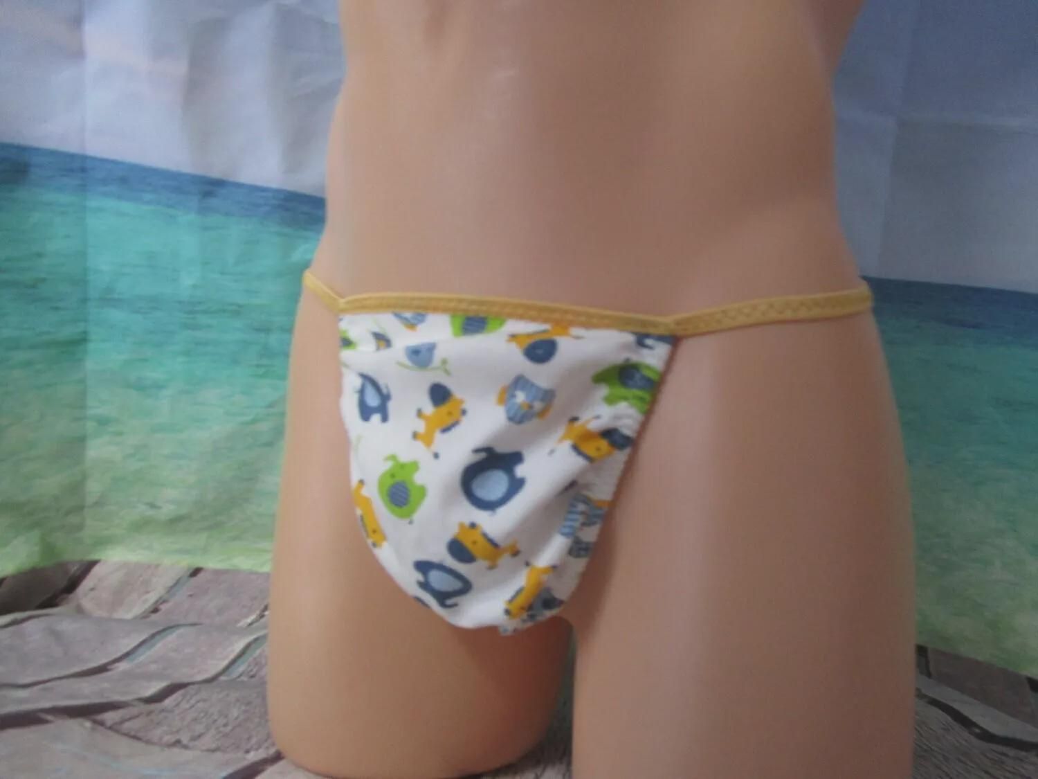 Zoo Animals Cotton Knit G-String for Men, Medium Flat Front - Size S 32-35&quot;