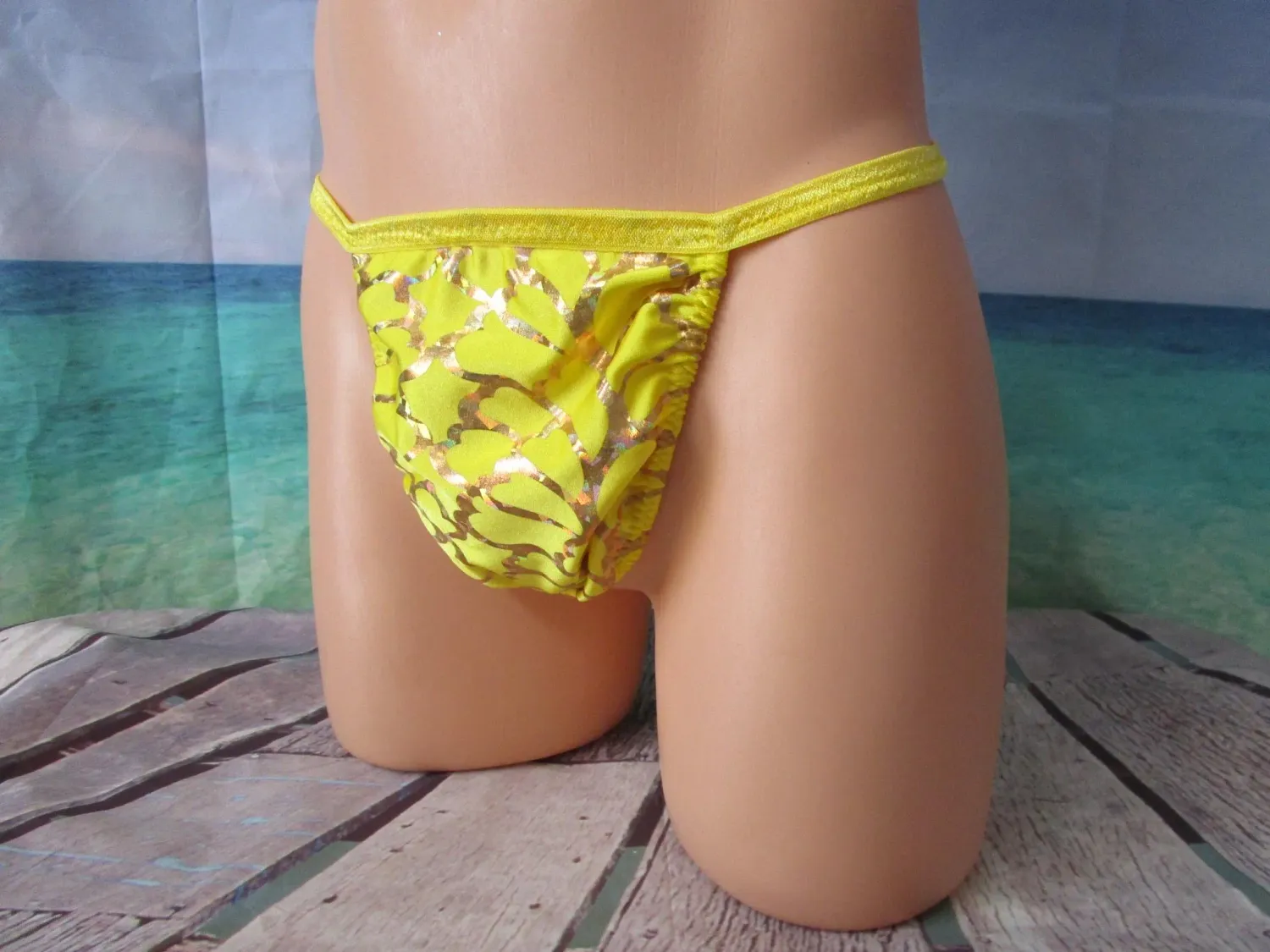 Yellow Hearts Metallic Nylon Spandex G-String, Medium Man Front Fits Hip Size S 32-35&quot;