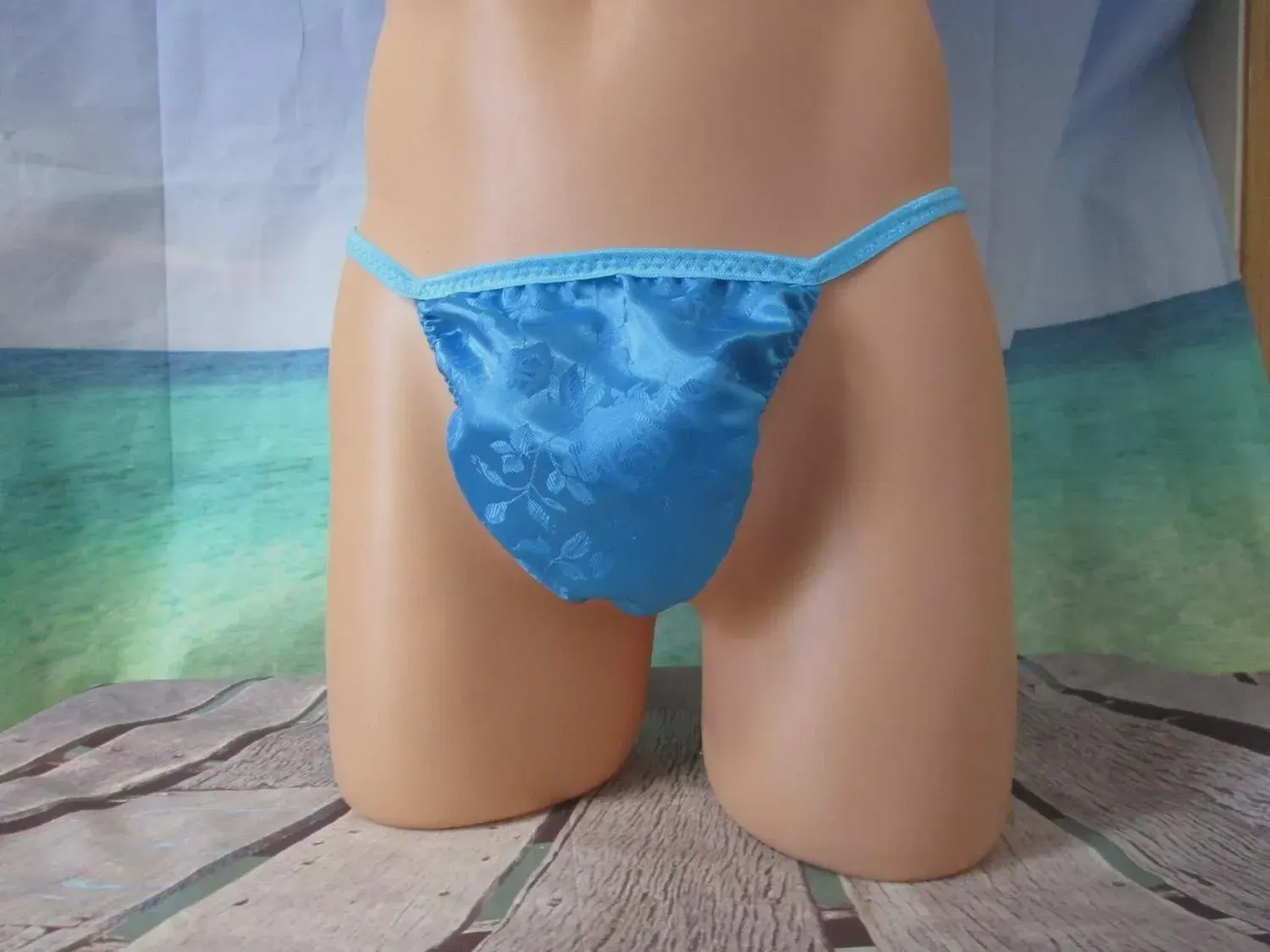 Blue Roses Satin G-String for Men, Medium Flat Front - Size S 32-35&quot;