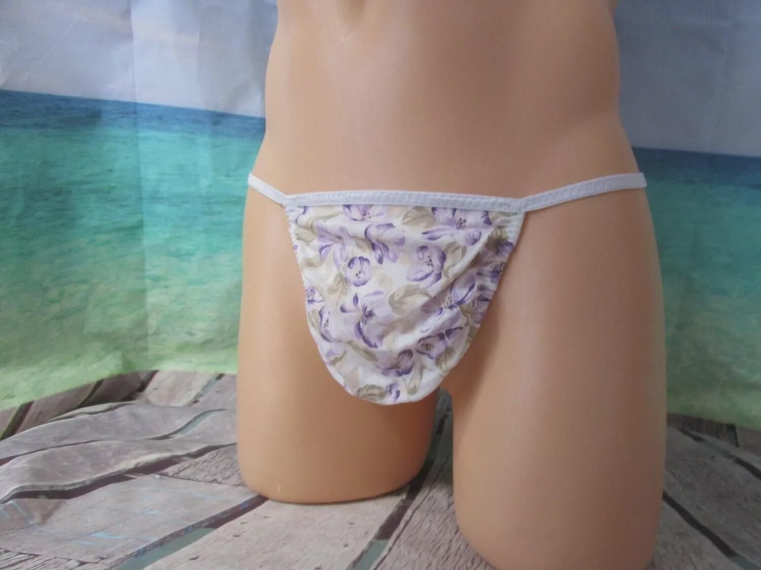 Purple Floral Cotton Knit G-String for Men, Medium Flat Front - Size L 40-43&quot;