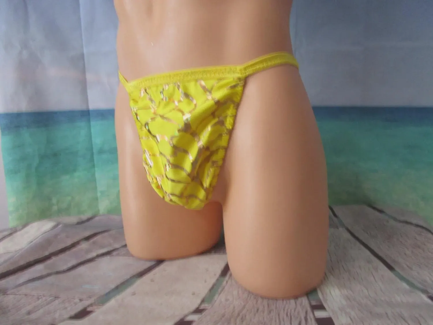 Yellow Hearts Metallic Look Nylon Spandex G-String, Large Man Front - Size S 32-35&quot;