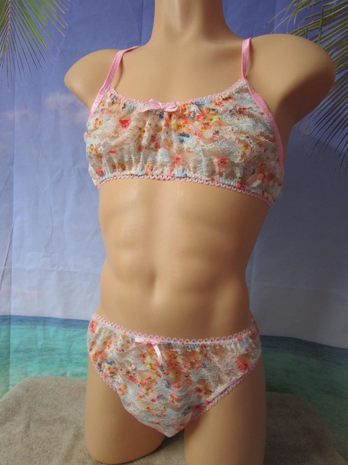 2 pc -Lace Floral Prints Training Bra &amp; French Cut Panty, Picot w/FOE Trim, Bows