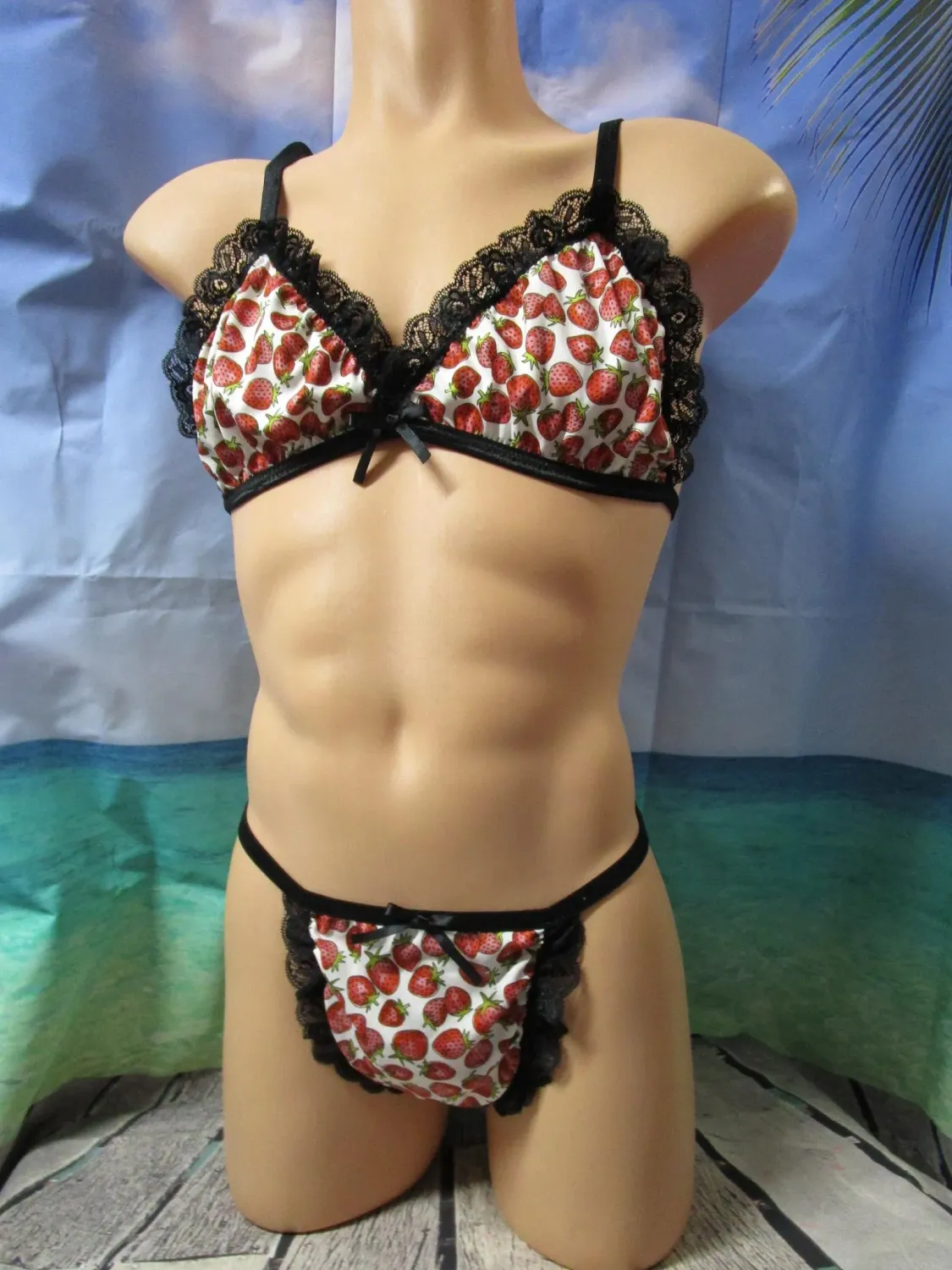 2 pc - Brushed Knit Prints String Bikini Bra &amp; G-String, Lace Trim, Bows