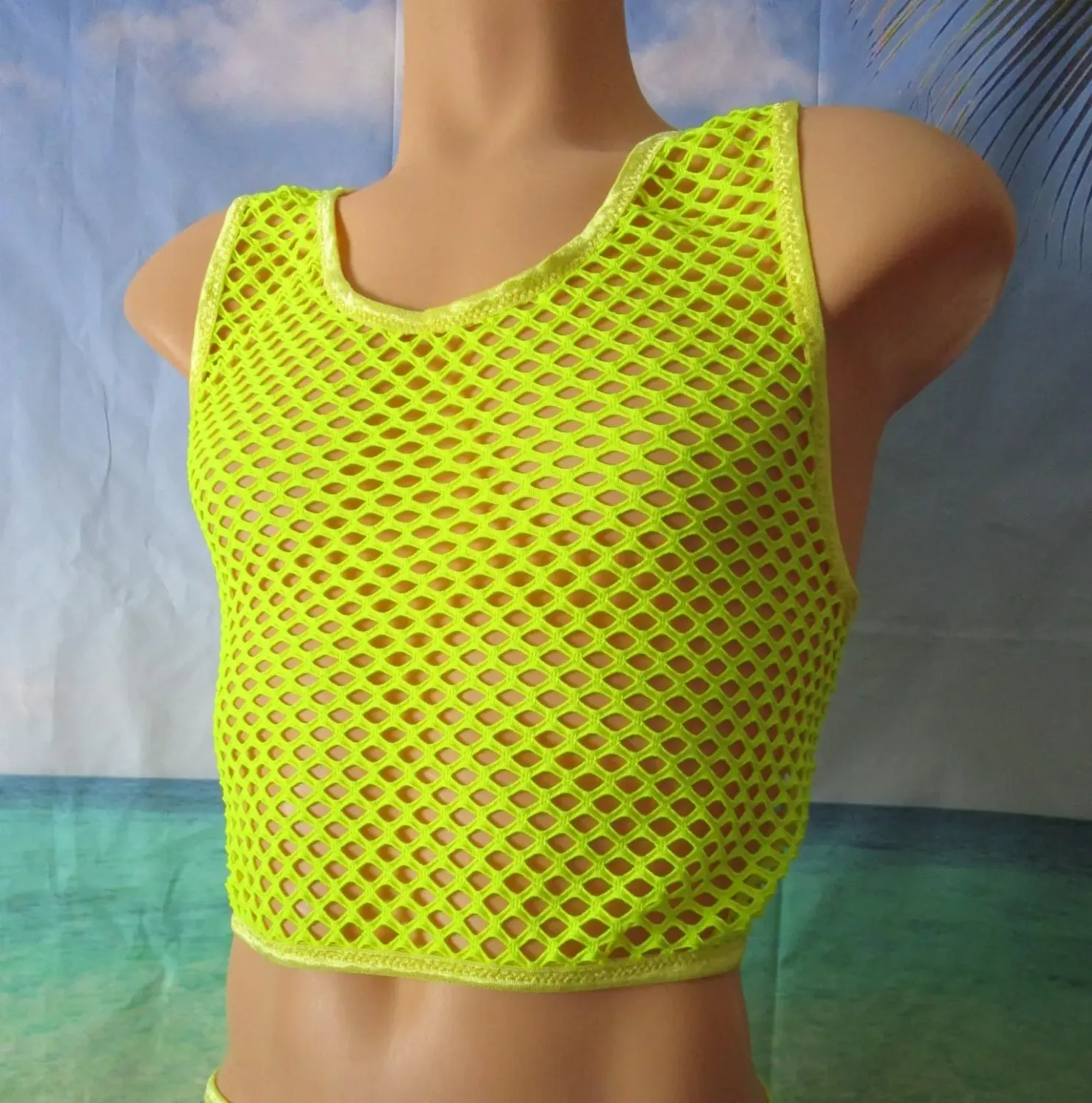 Yellow Cabaret Mesh, Tank Crop Top w/FOE Trim, 7&quot; Sides, Fits Size L 40-43&quot; Chest