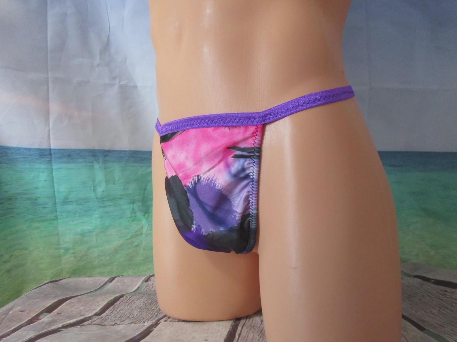 Pink &amp; Purple Hawaiian Nylon Spandex Knit G-String, Medium Man Front - Size M 36-39&quot;
