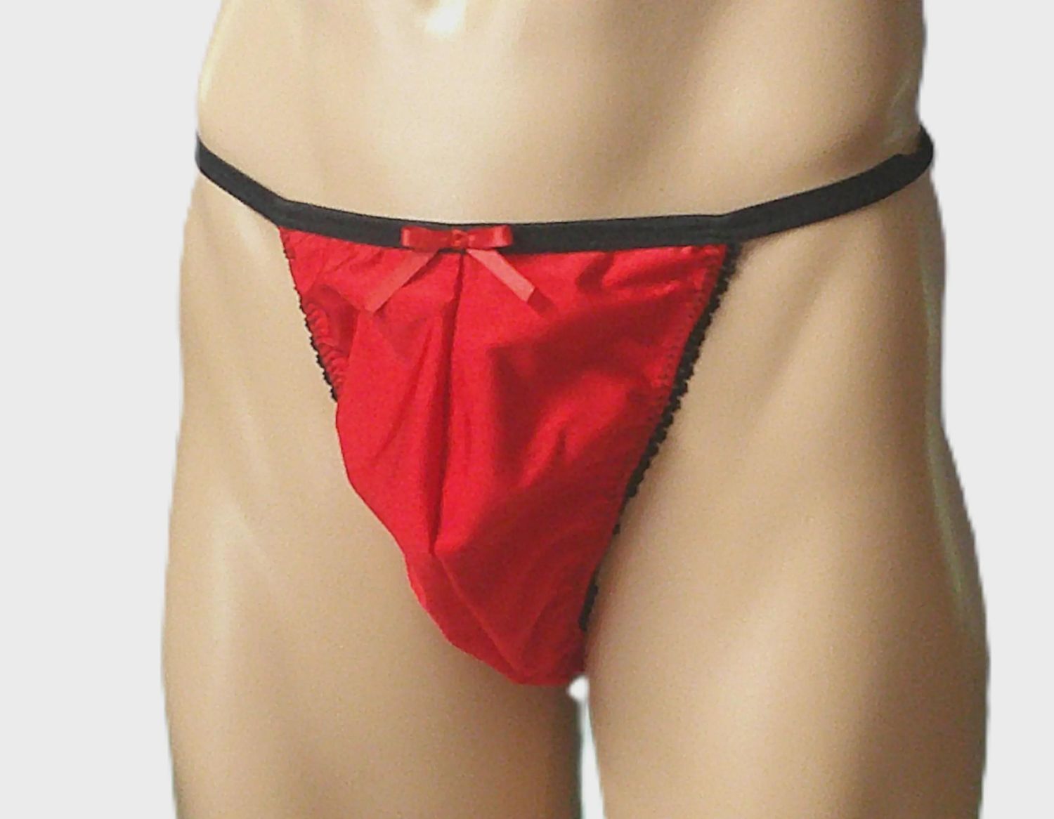 Red Spandex String Thong, Large Contoured Man Front, Picot Trim - Size M 36-39&quot; Hips