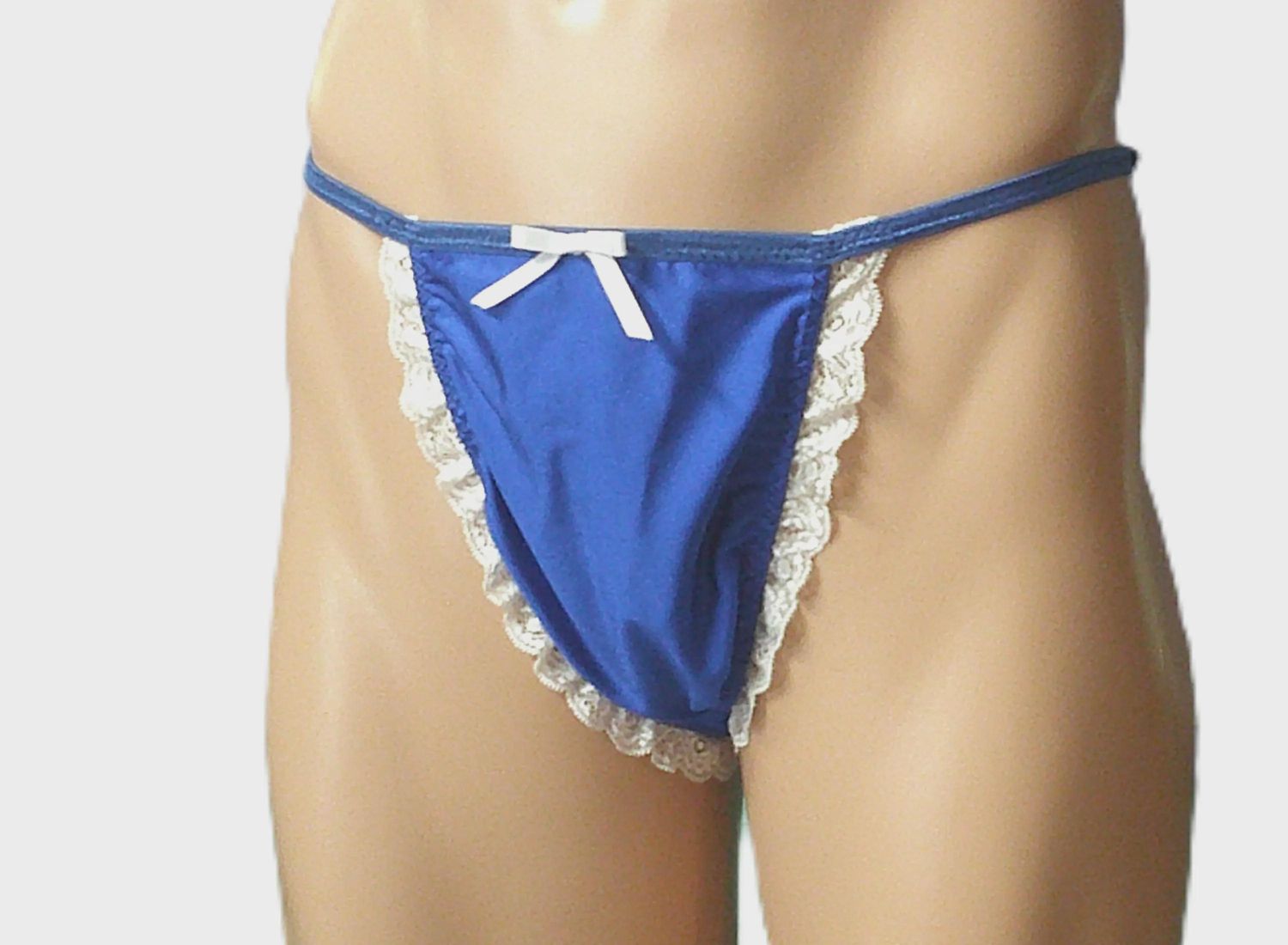 Royal Blue Spandex String Thong, Medium Man Front, Lace Trim - Size M 36-39&quot; Hips