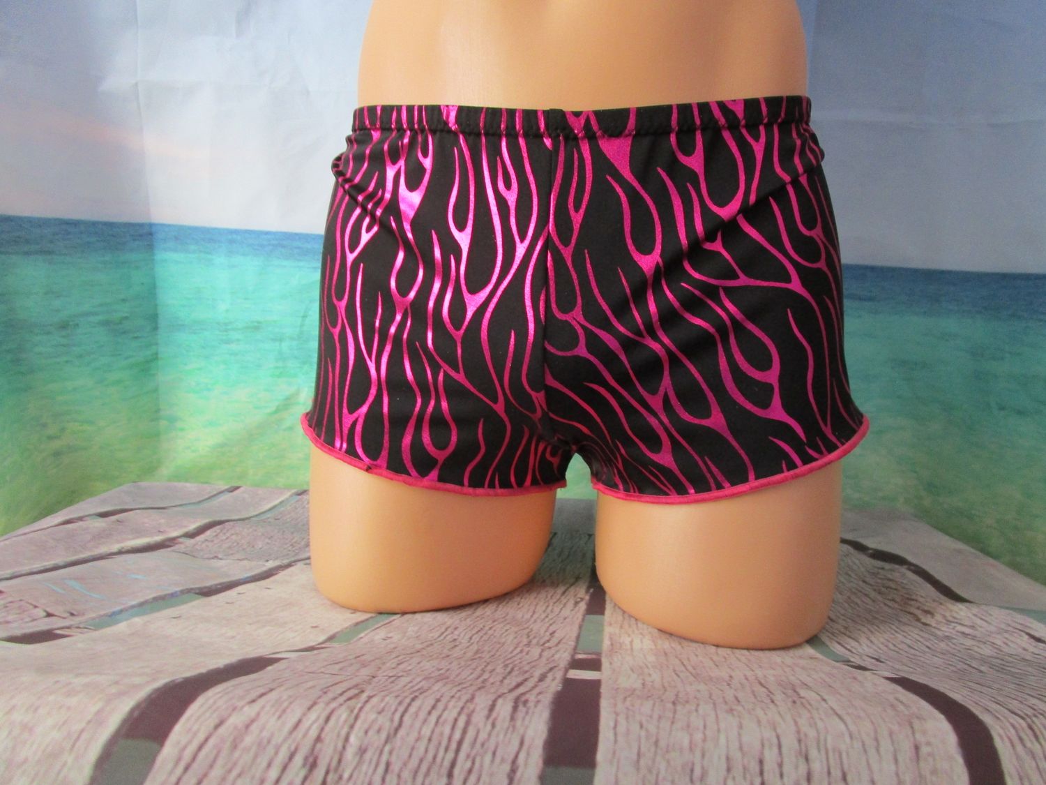 Black Metallic Pink Flames Spandex Boy Shorts, Pink Trim, Fits size XS 28-31&quot; Hips