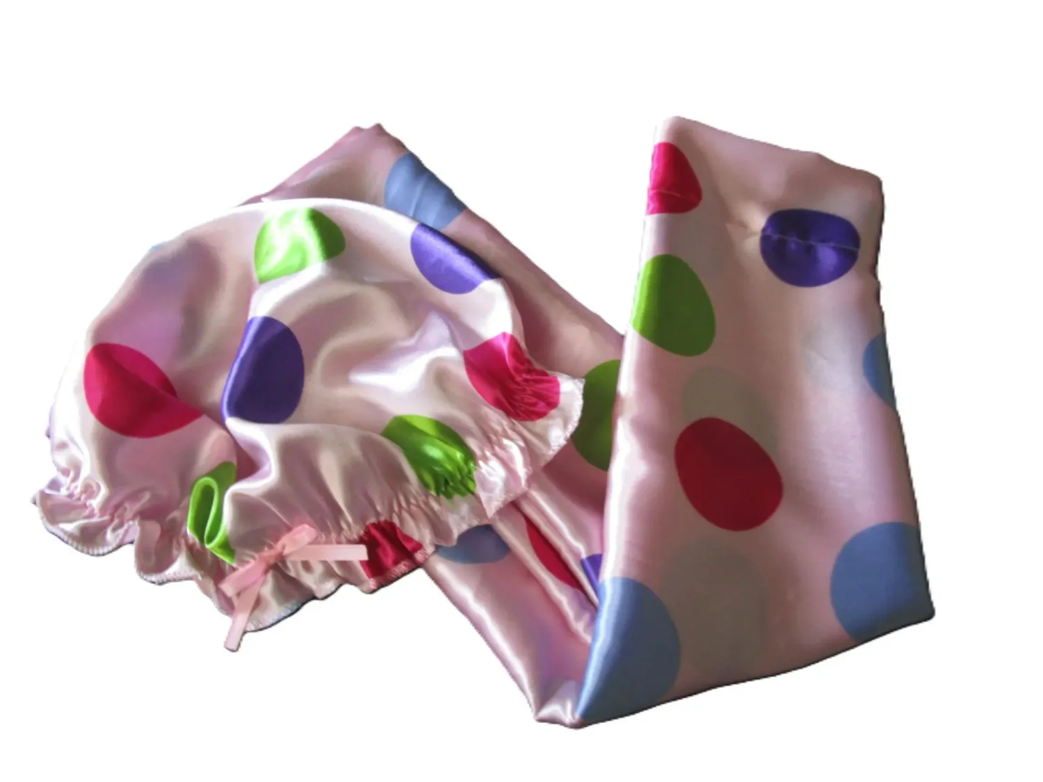 Pink Polka Dot Satin Standard Pillowcase and Medium Adult Size Hair Bonnet Set, Keeps sleep hair frizzies calm