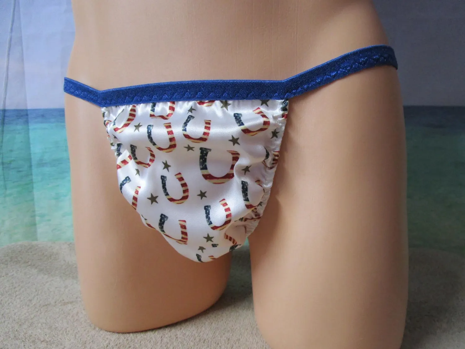 Lucky Horseshoes Satin Classic Rear String Bikini, Med Front, Scrunch Butt, Fits Size L 40-43&quot;
