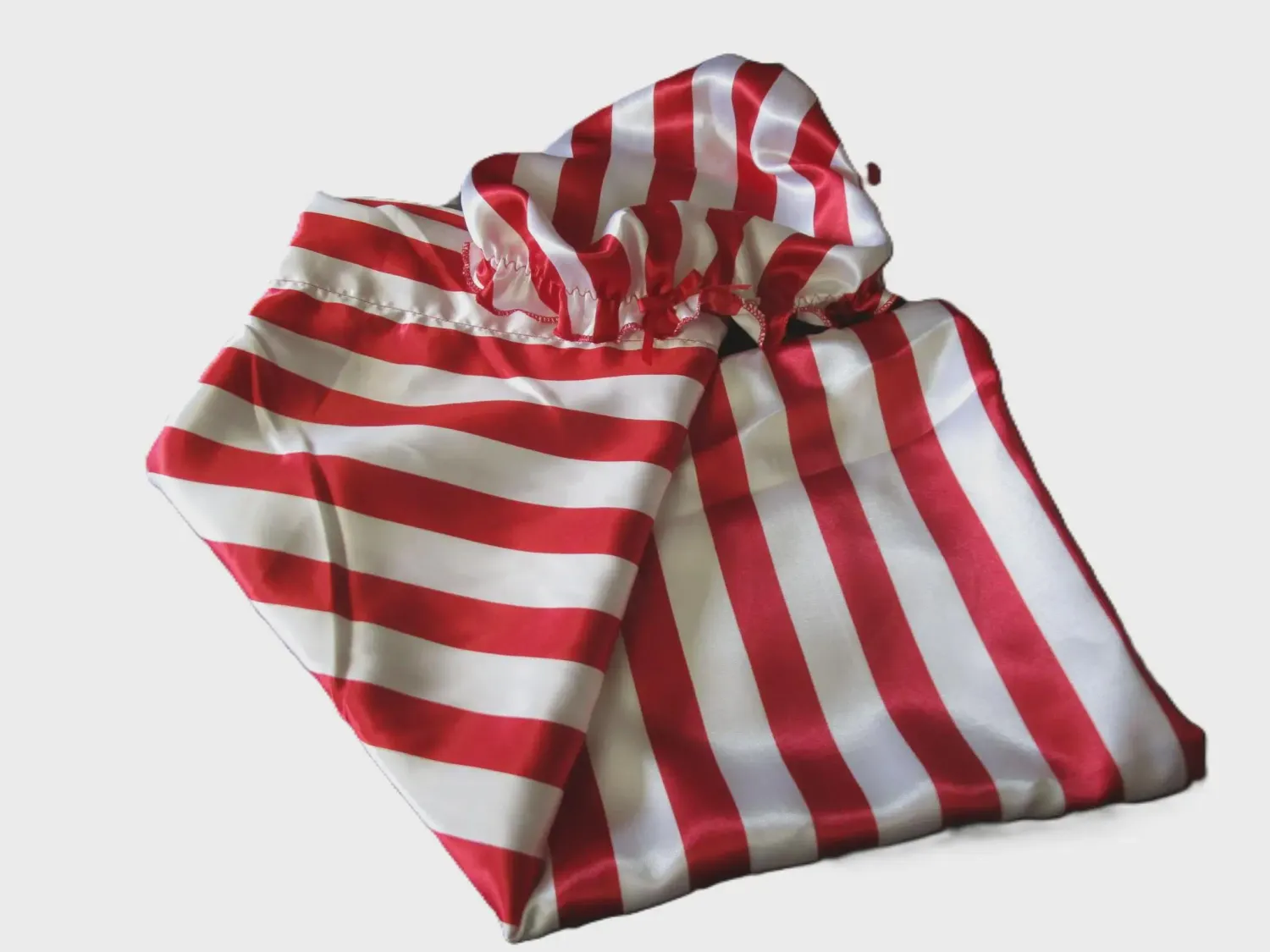 Red &amp; White Stripes Satin Pillowcase and 1 Layer Medium Adult Size Set, Keeps sleep hair frizzies calm