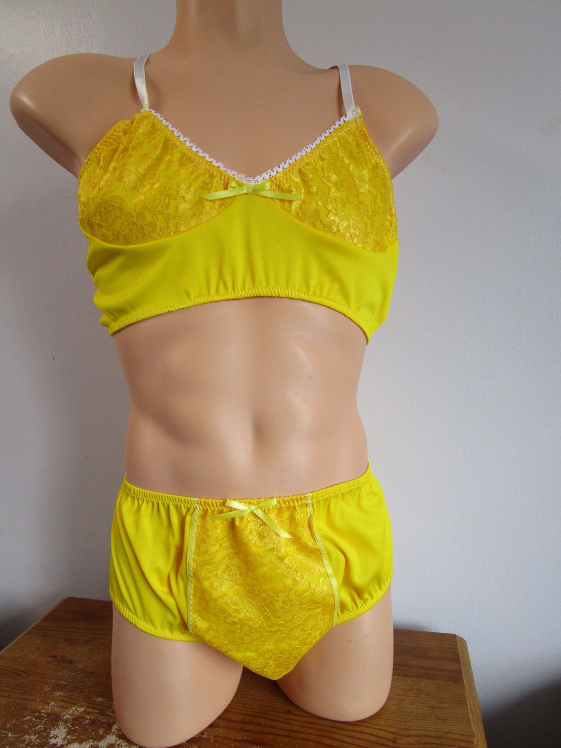 2 pc - Poly Knit Training Bra &amp; Brief, Lace Cups &amp; Trim, Adjustable Straps, Bow