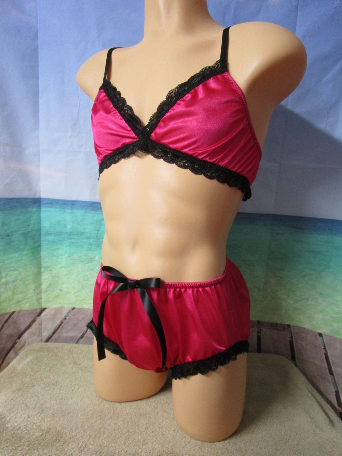 2 pc - Poly Knit Slip on Small Cup Bra &amp; Brief, 5&quot; Sides, Adjustable Straps, Lace Trim, Bow