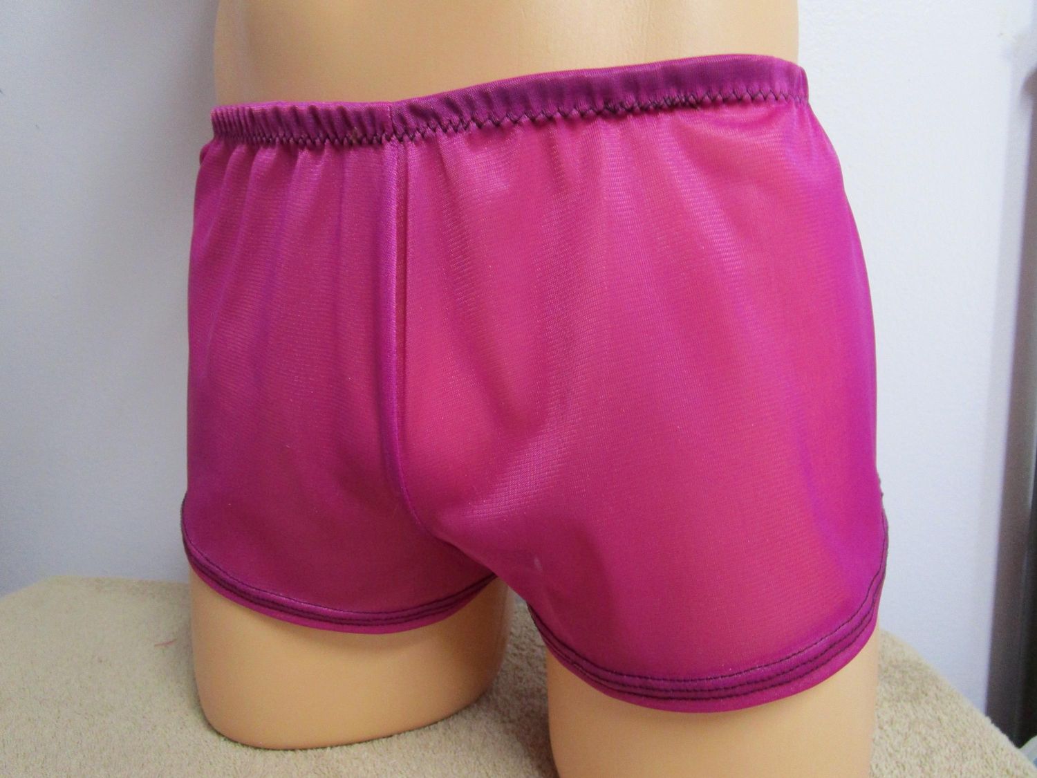 Raspberry Nylon Tricot Boy Cut Short-Shorts w/8&quot; Sides, Fits Sz 32-35&quot;