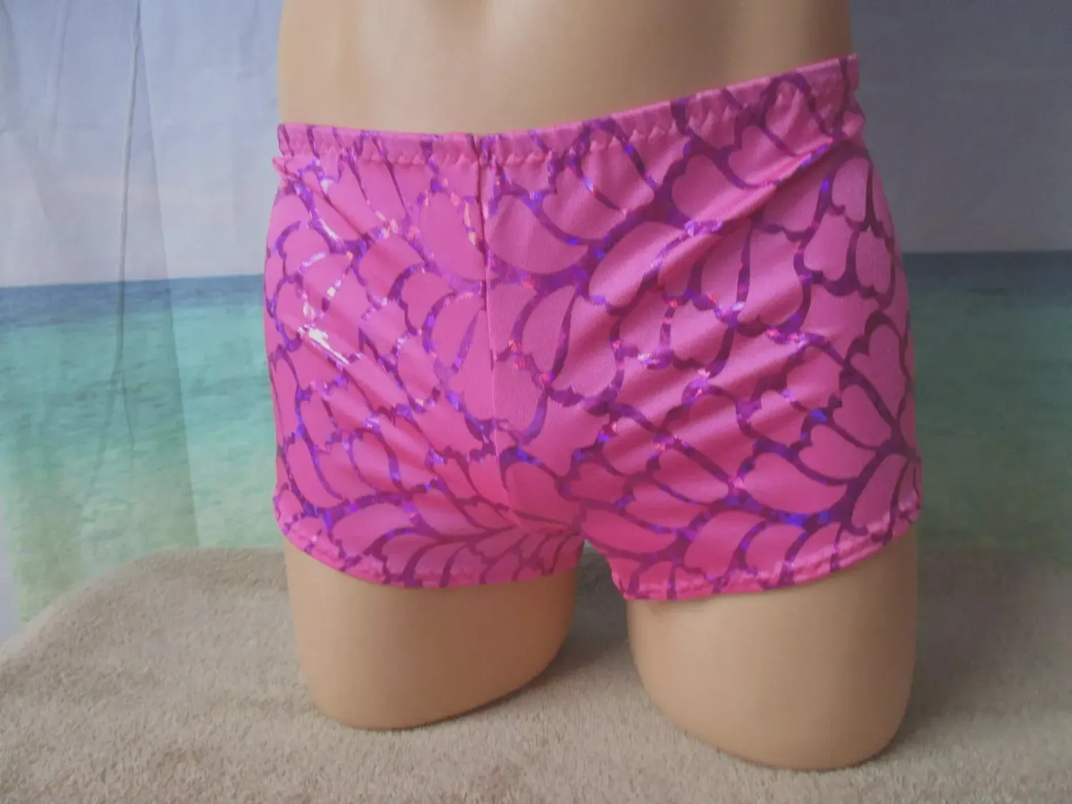 Pink Metallic Heart Print Spandex Boy Shorts, Fits XS 24-30&quot; Hips