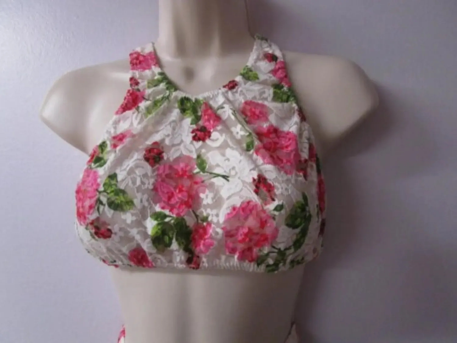 Pink Floral Print Soft Stretch Lace Racer Bra, Fits S 32-35&quot; Chest