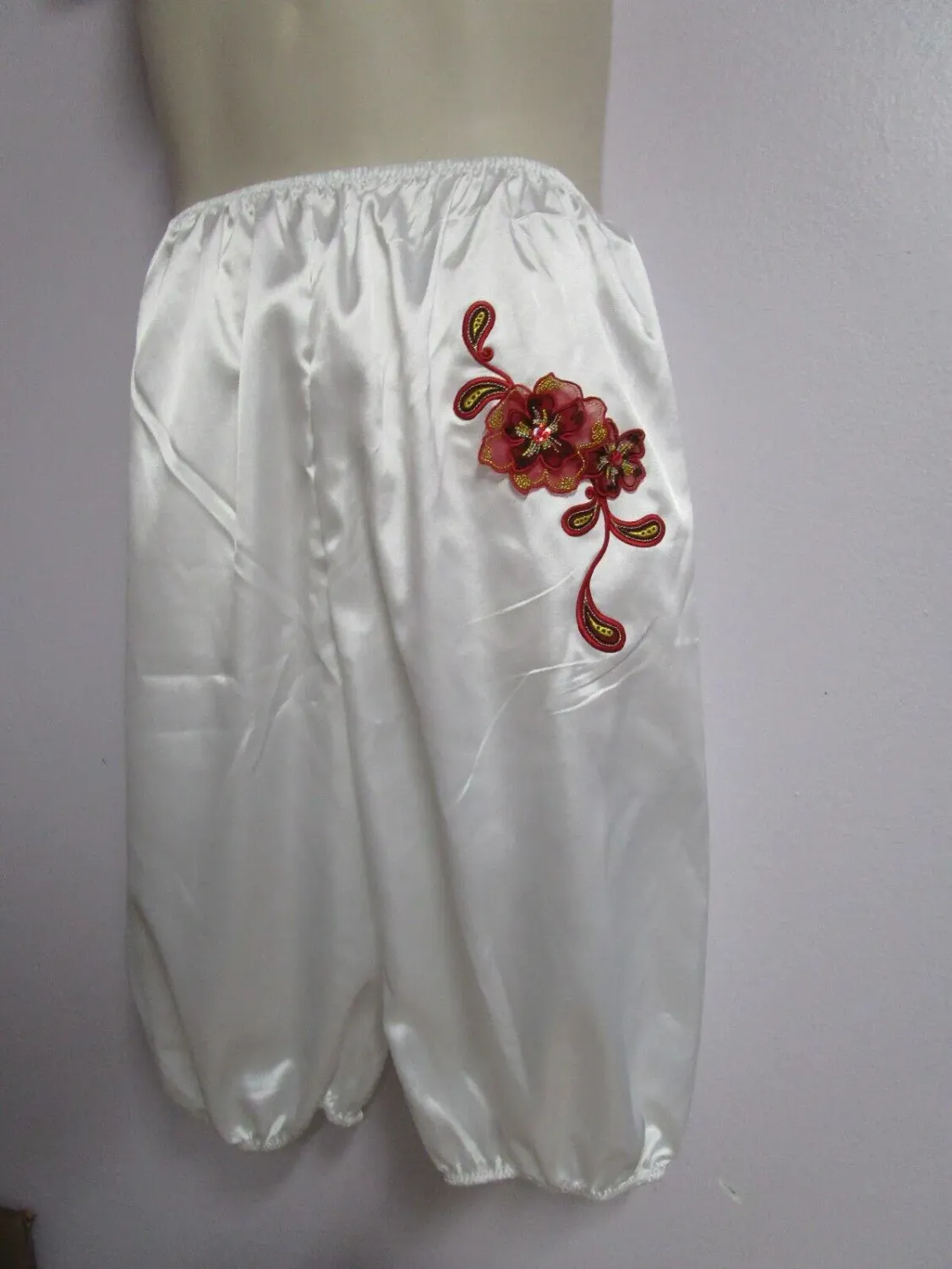 White Satin Bloomers with Gusset - 10&quot; Inseam, Elastic Hem, Fits Sz M 33-37&quot; Waist