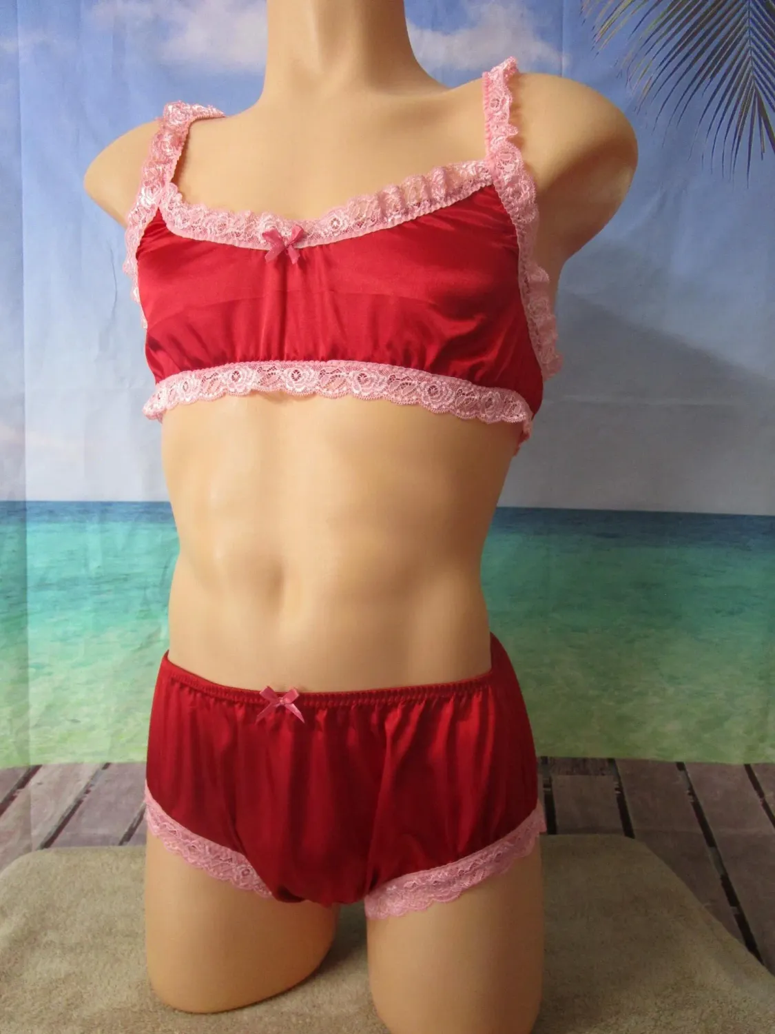 2 pc - Satin Training Bra &amp; Brief, 5&quot; Sides, Soft Lace Trim, Bow