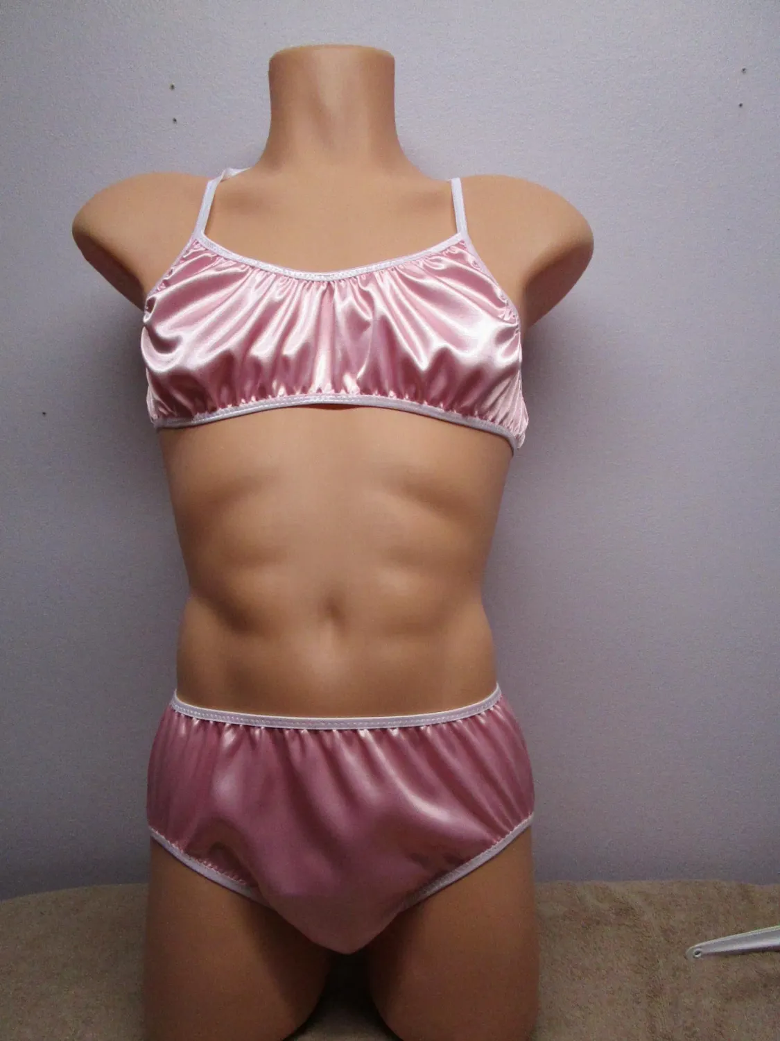 2 pc - Satin Training Bra &amp; Brief, 5&quot; Sides, Soft Lace Trim, Bow