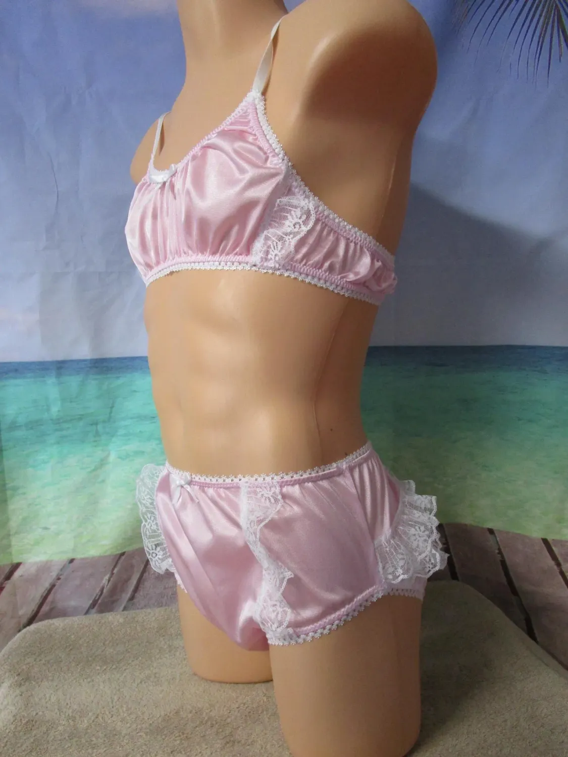 2 pc - Satin Training Bra &amp; Brief, 5&quot; Sides, 2&quot; Lace Trim, Adjustable Straps