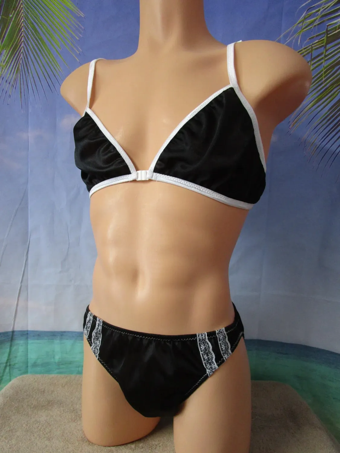2 pc - Nylon Tricot Small Cup Bra &amp; Lace Sides Bikini Panty, Front Closure, Adjustable Straps
