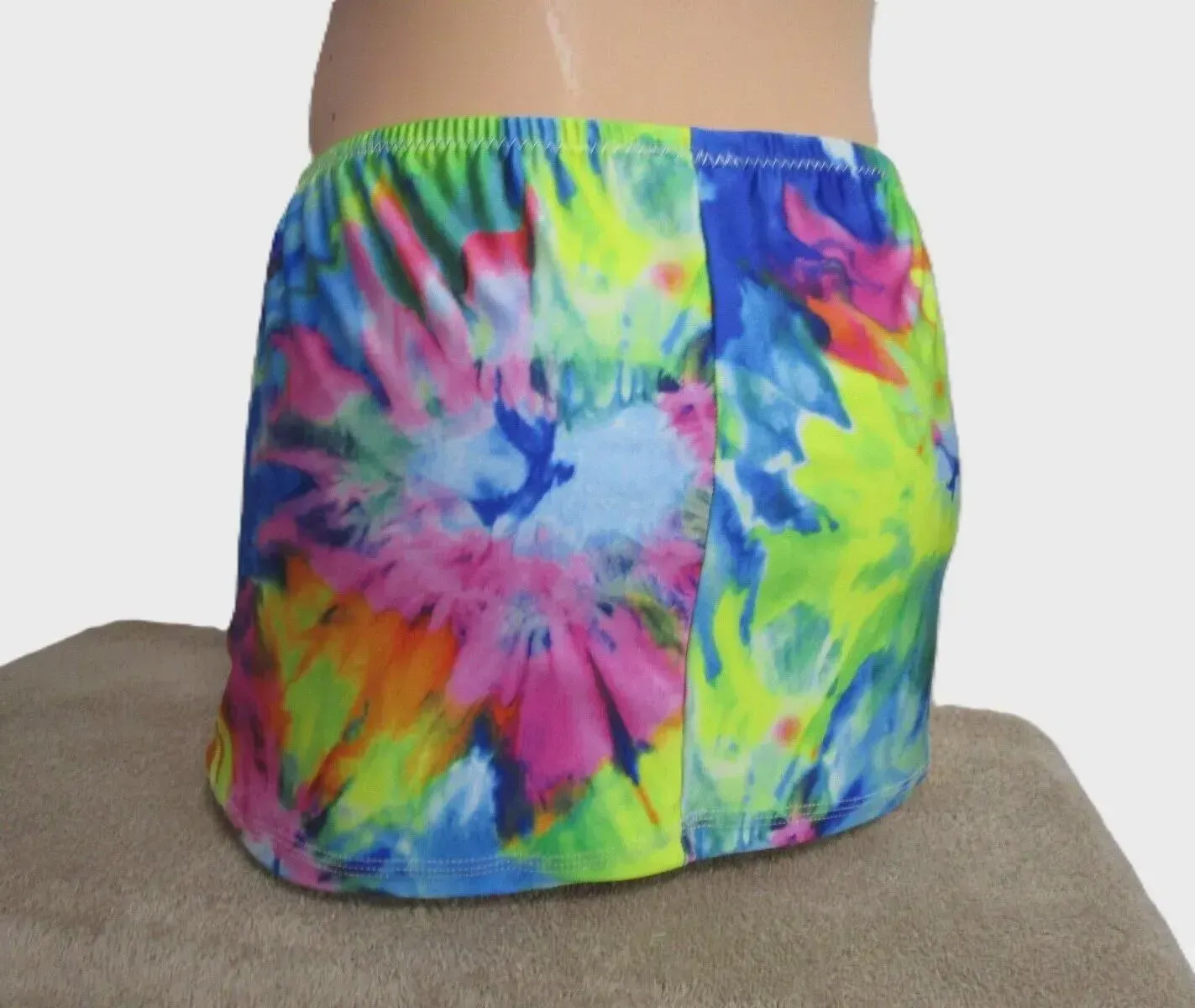 Blue-Green-Pink Tie Dye Print Spandex, Micro Mini Skirt, Short Skirt, 12&quot; Long, Fits Size S 32&quot; Waist - 35&quot; Hips
