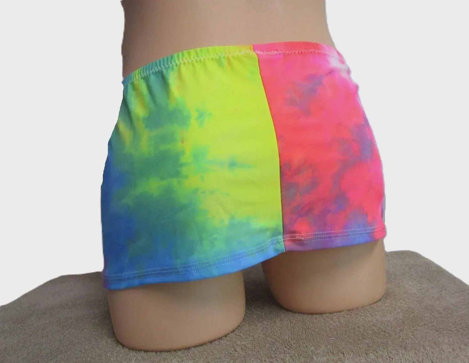 Blue-Pink-Yellow Tie Dye Print Spandex, Micro Mini Skirt, Very Short Skirt, 8&quot; Long, Fits Size S 32&quot; Waist - 35&quot; Hips