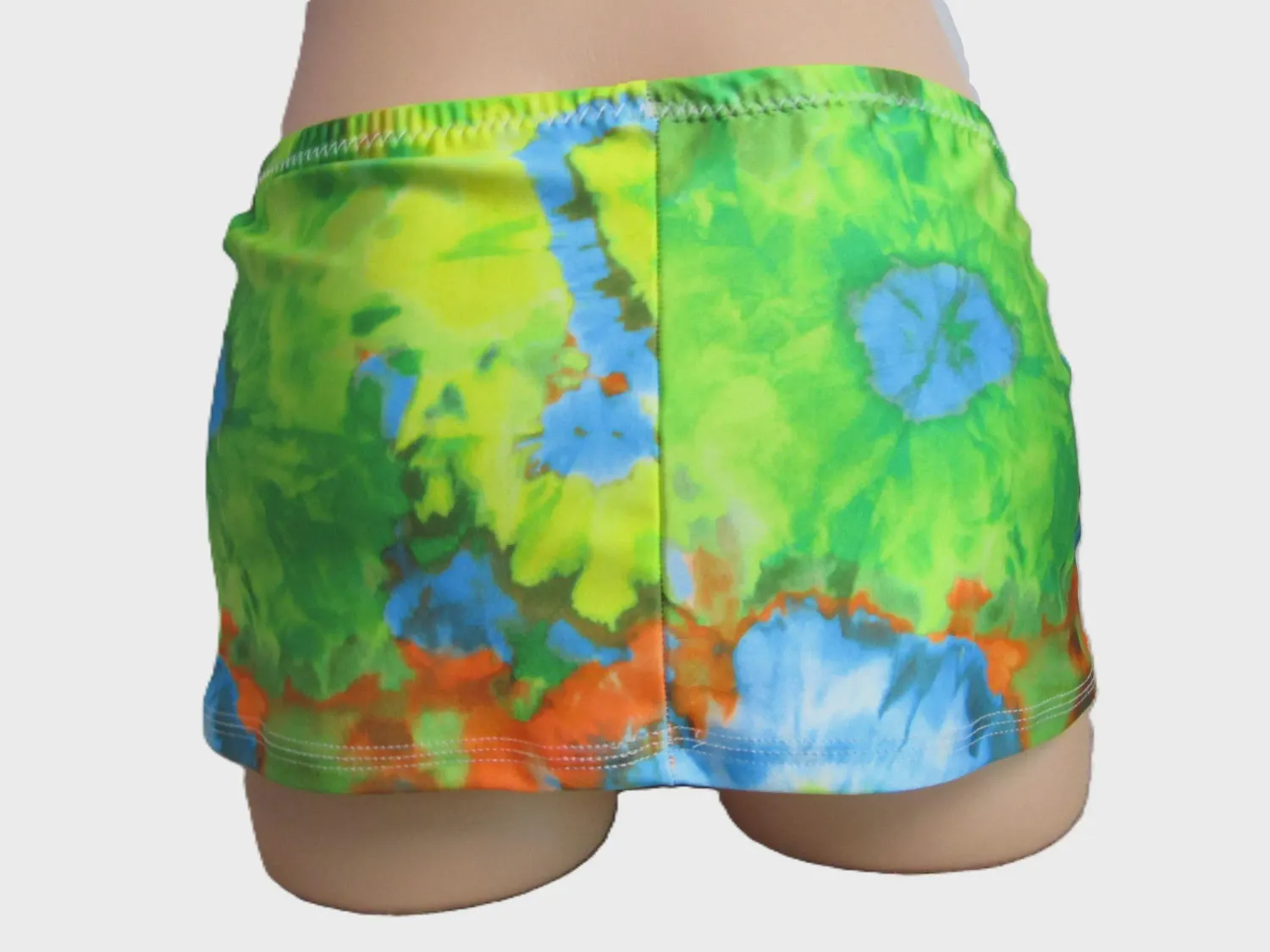 Green-Blue-Orange Tie Dye Print Spandex, Micro Mini Skirt, Very Short Skirt, 8&quot; Long, Fits Size S 32&quot; Waist - 35&quot; Hips