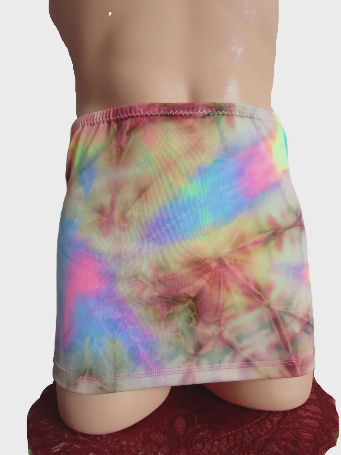 Pink-Blue-Tan Tie Dye Print Spandex, Micro Mini Skirt, Short Skirt, 12&quot; Long, Fits Size XS 28&quot; Waist - 31&quot; Hips
