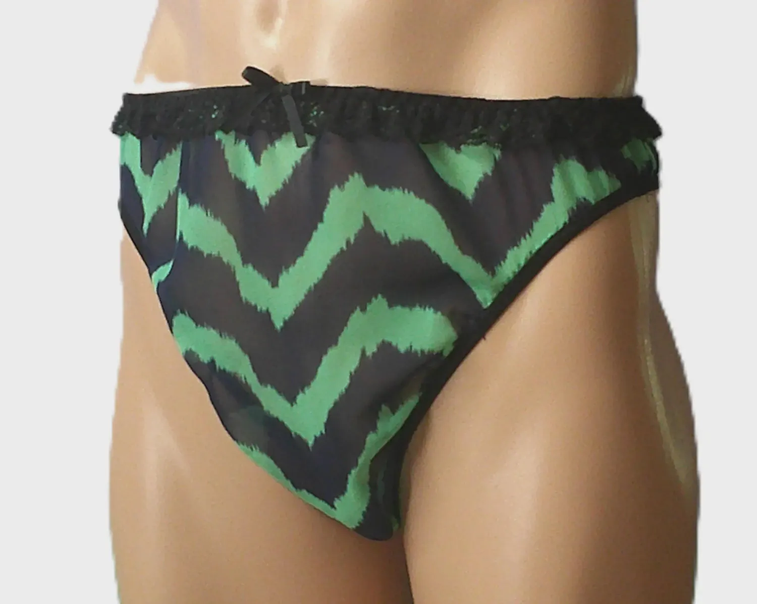 Green-Blue Print Chiffon Thong, Medium Man Front, Lace &amp; FOE Trim - Size XS 28-31&quot;