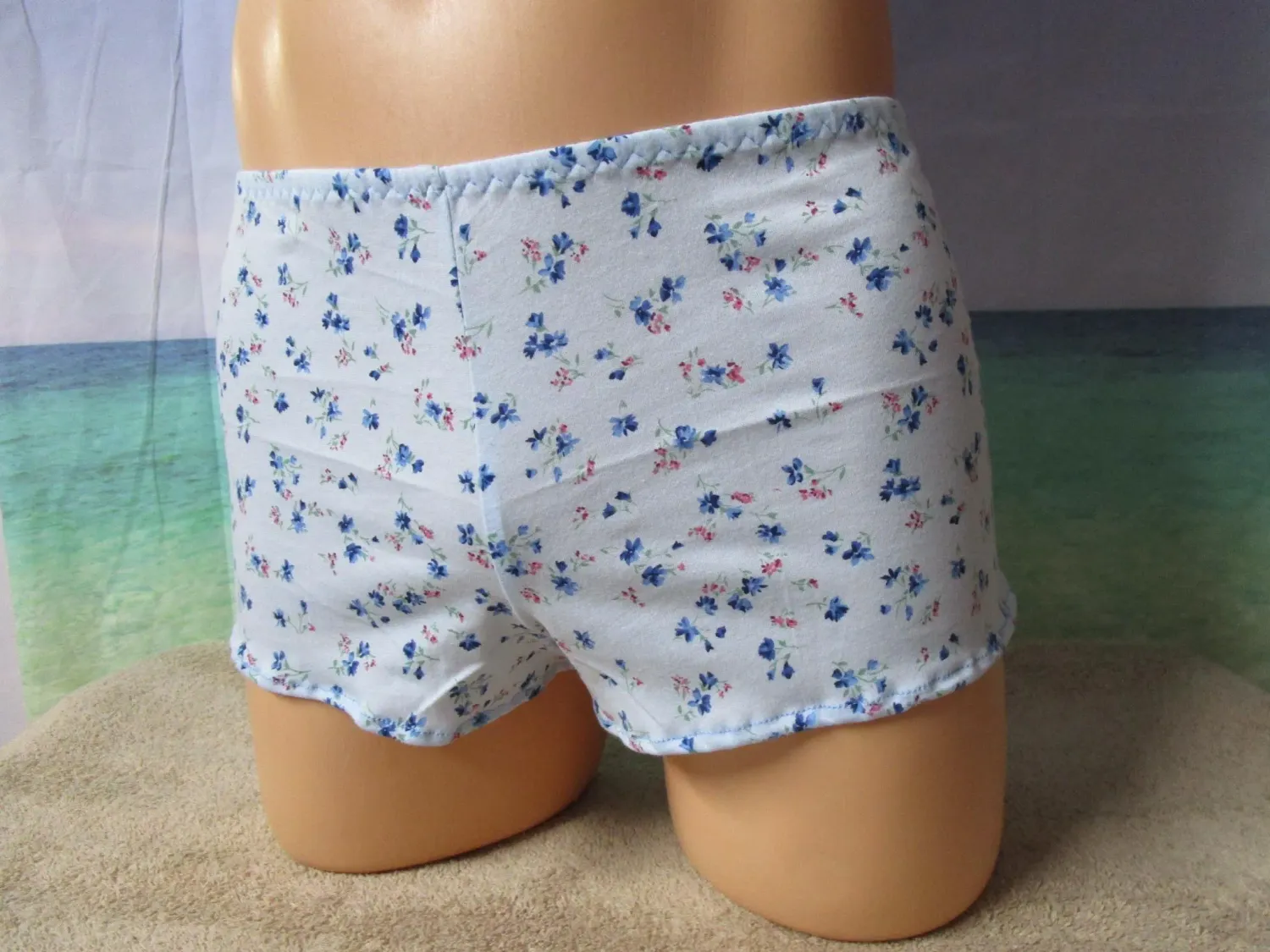 Light Blue Floral Cotton Knit Boy Shorts Panty for Men, Size XS